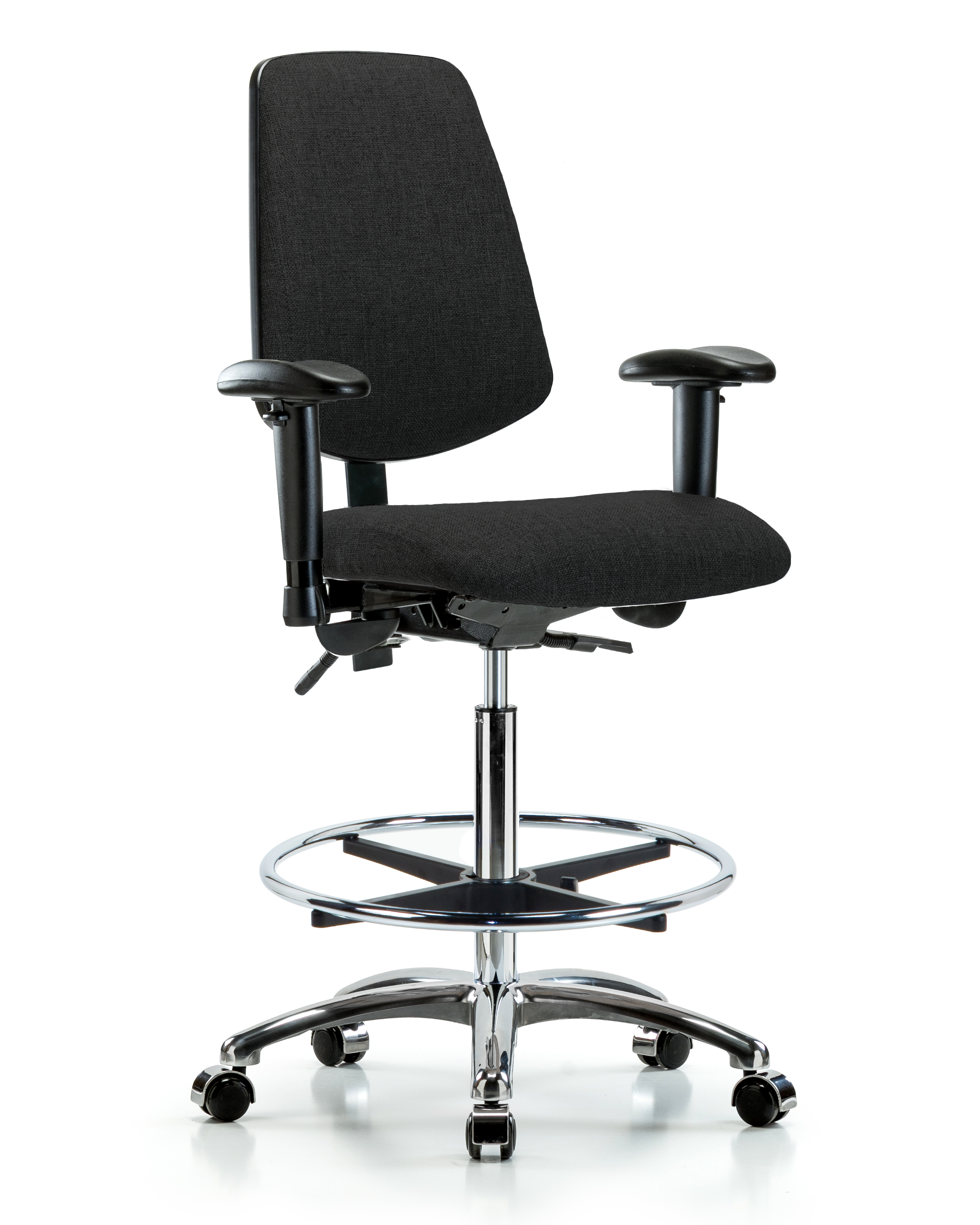 Rutledge Fabric Chair Chrome - High Bench Height with Medium Back, Adjustable Arms, Chrome Foot Ring, & Casters in Black Fabric