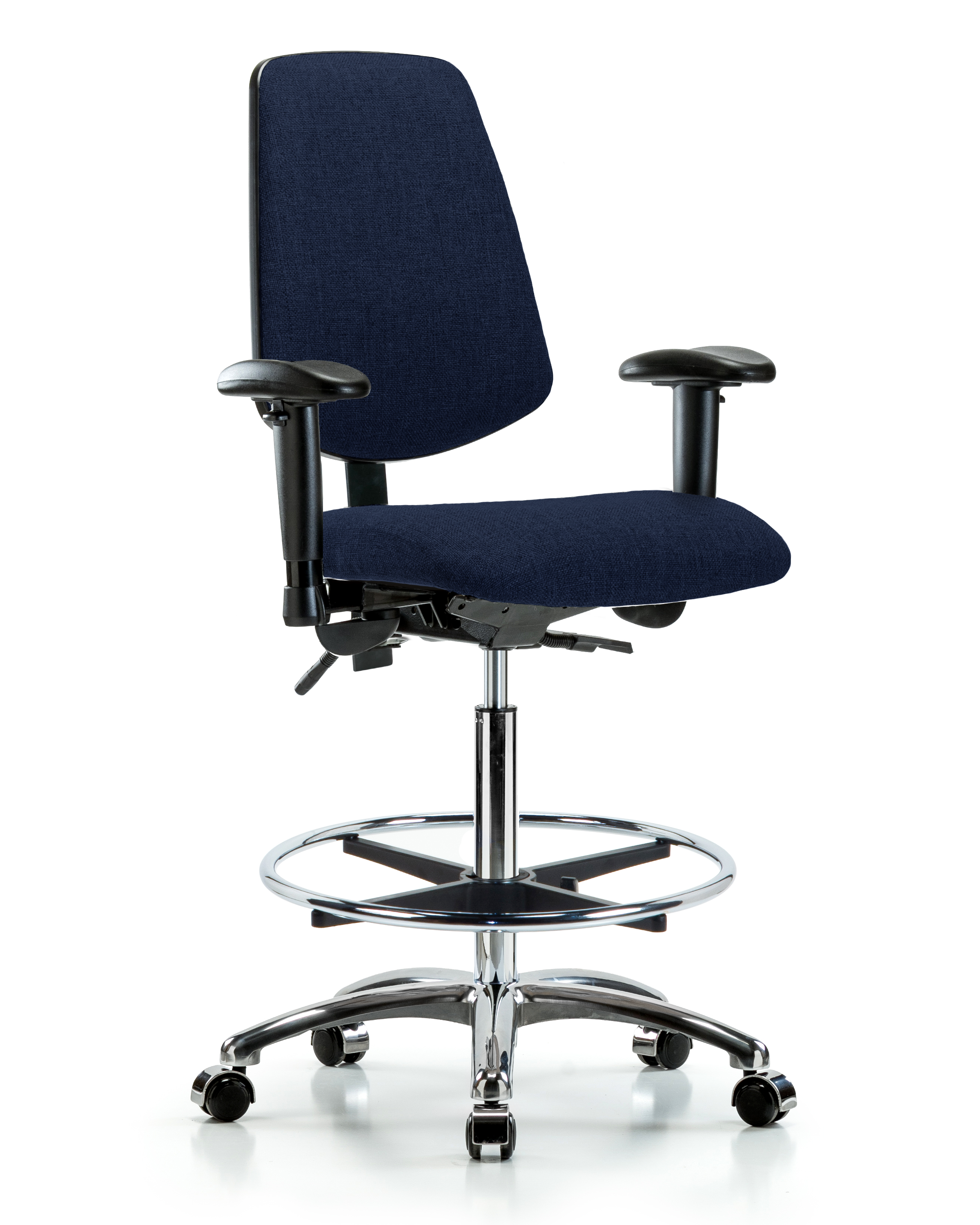 Rutledge Fabric Chair Chrome - High Bench Height with Medium Back, Adjustable Arms, Chrome Foot Ring, & Casters in Navy Fabric