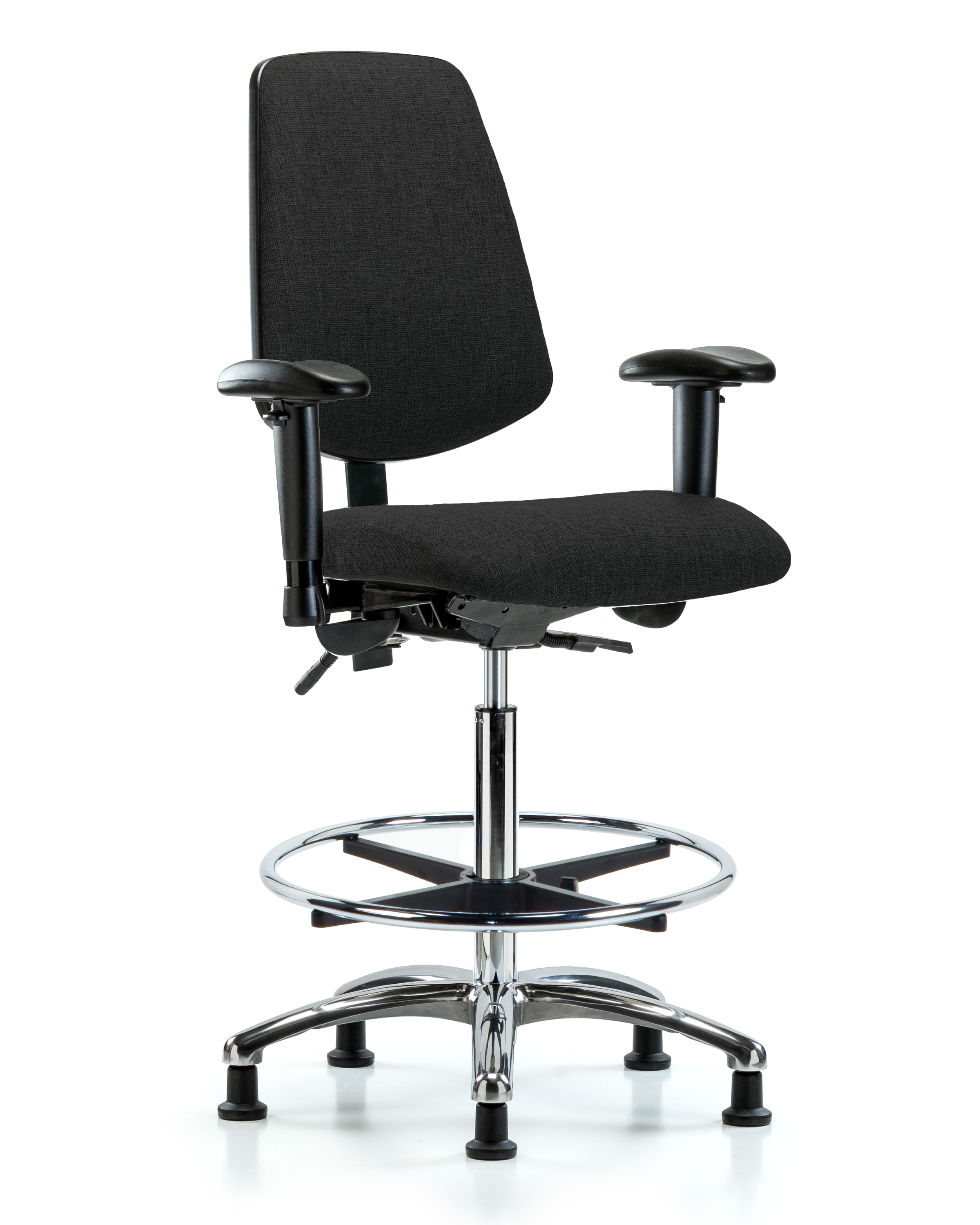 Rutledge Fabric Chair Chrome - High Bench Height with Medium Back, Adjustable Arms, Chrome Foot Ring, & Stationary Glides in Black Fabric