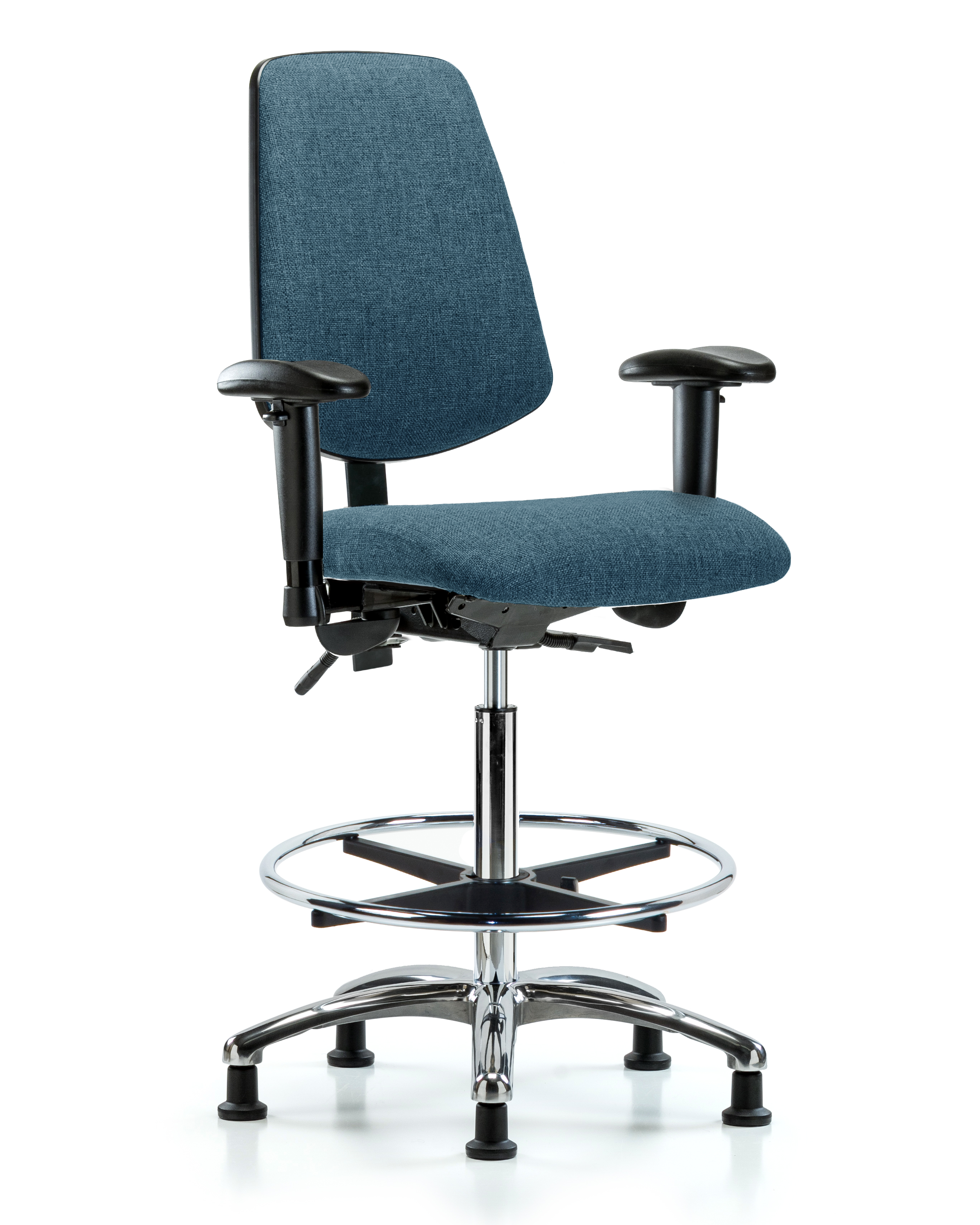 Rutledge Fabric Chair Chrome - High Bench Height with Medium Back, Adjustable Arms, Chrome Foot Ring, & Stationary Glides in Blue Fabric