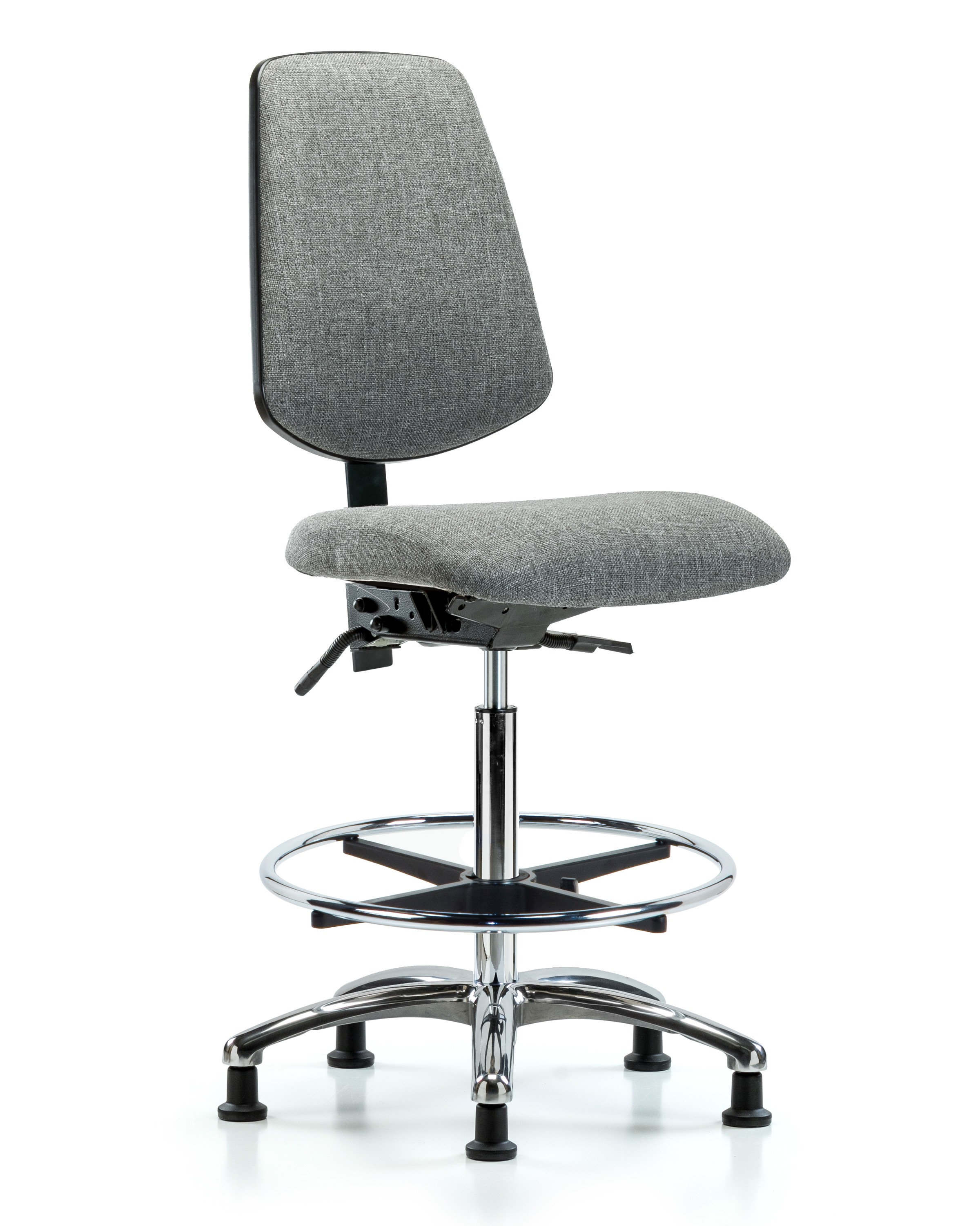 Rutledge Fabric Chair Chrome - High Bench Height with Medium Back, Seat Tilt, Chrome Foot Ring, & Stationary Glides in Gray Fabric