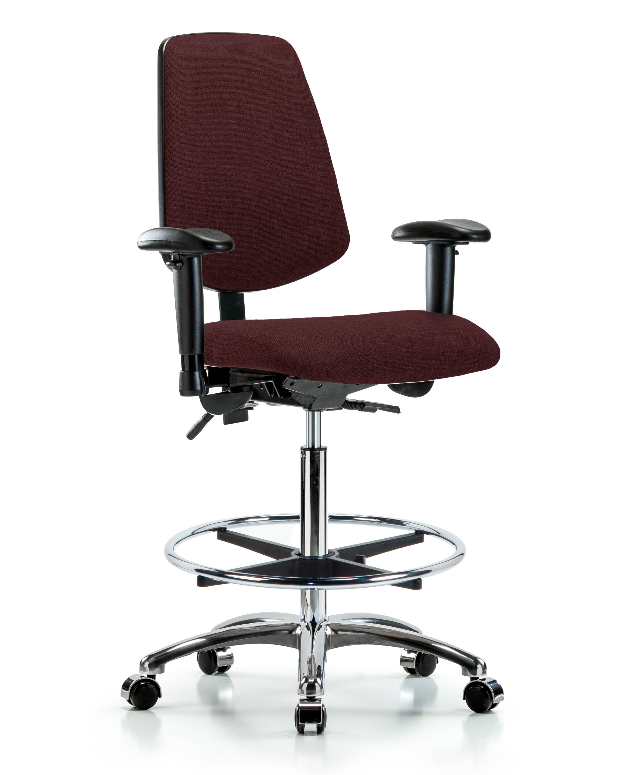 Rutledge Fabric Chair Chrome - High Bench Height with Medium Back, Seat Tilt, Adjustable Arms, Chrome Foot Ring, & Casters in Burgundy Fabric