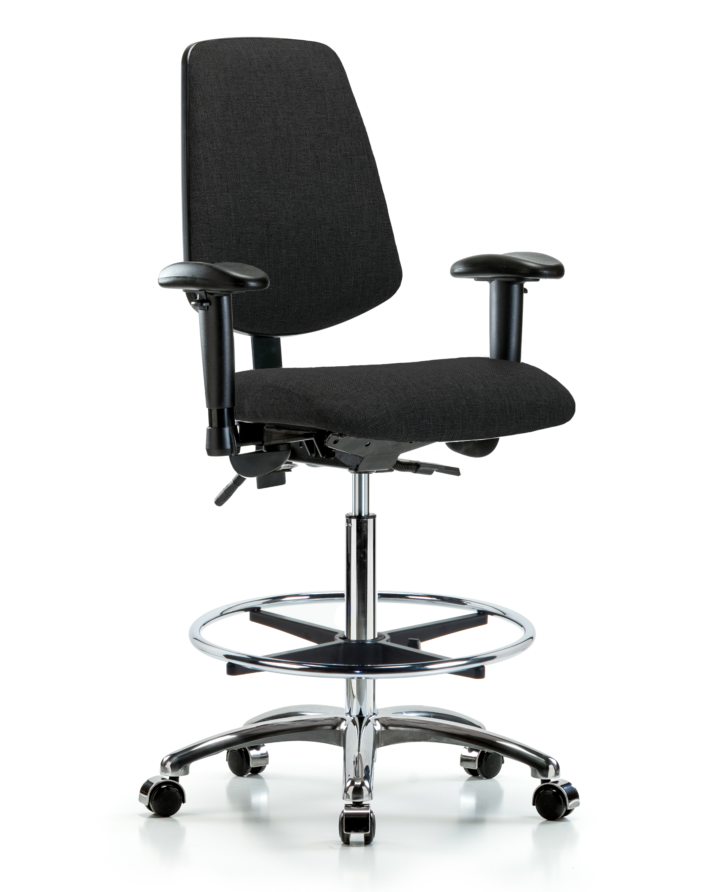 Rutledge Fabric Chair Chrome - High Bench Height with Medium Back, Seat Tilt, Adjustable Arms, Chrome Foot Ring, & Casters in Black Fabric