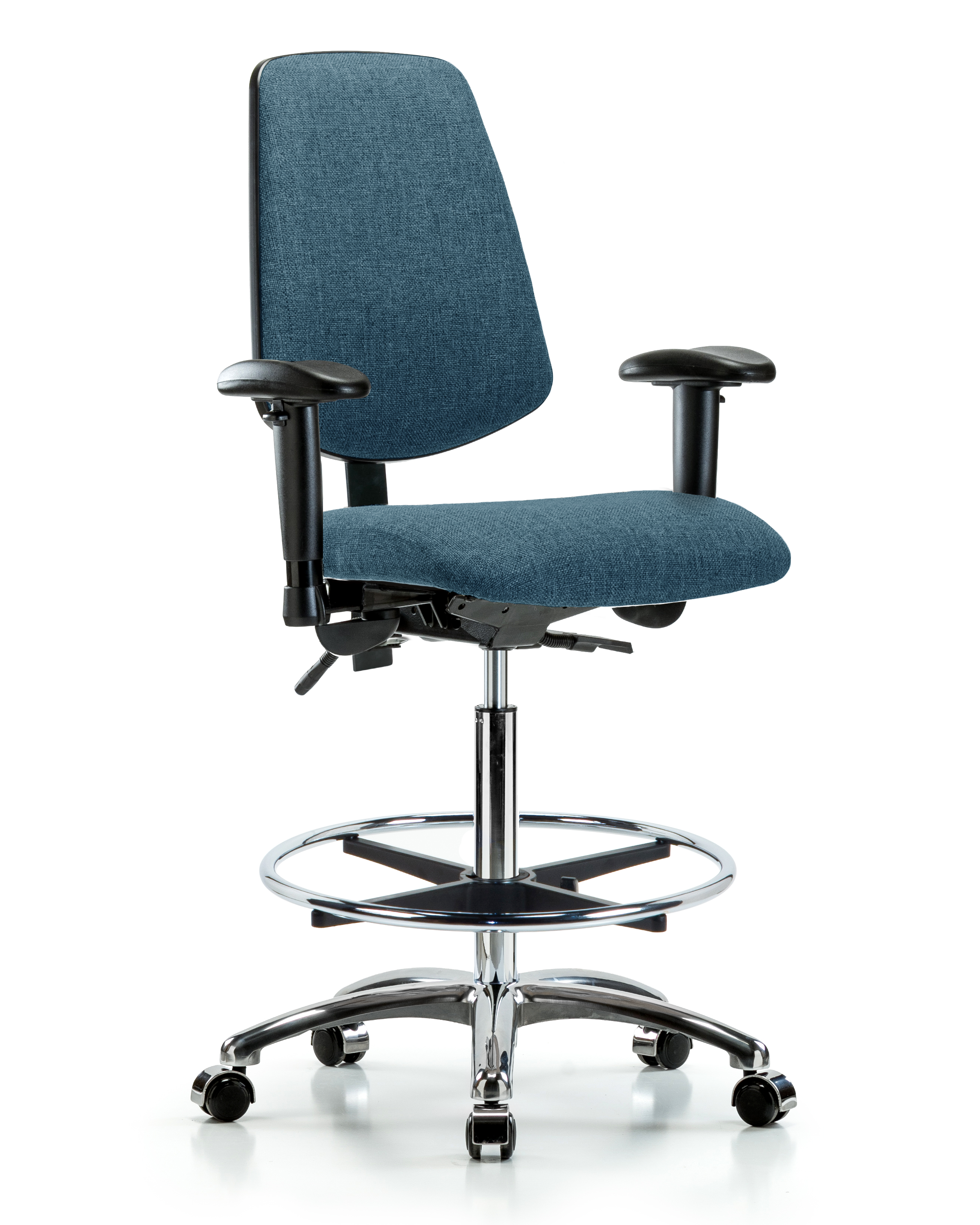 Rutledge Fabric Chair Chrome - High Bench Height with Medium Back, Seat Tilt, Adjustable Arms, Chrome Foot Ring, & Casters in Blue Fabric