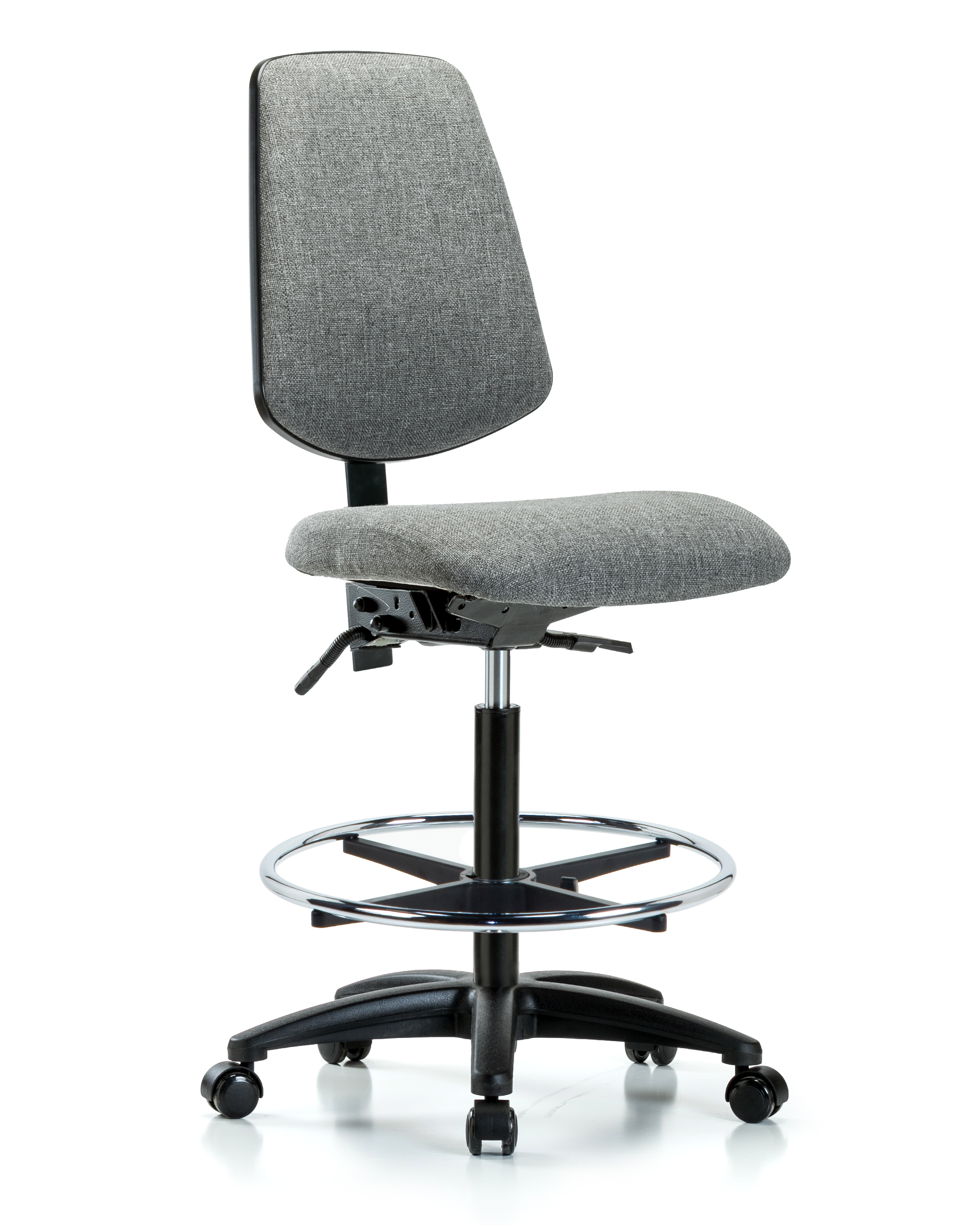 Rutledge Fabric Chair - High Bench Height with Medium Back, Chrome Foot Ring, & Casters in Gray Fabric