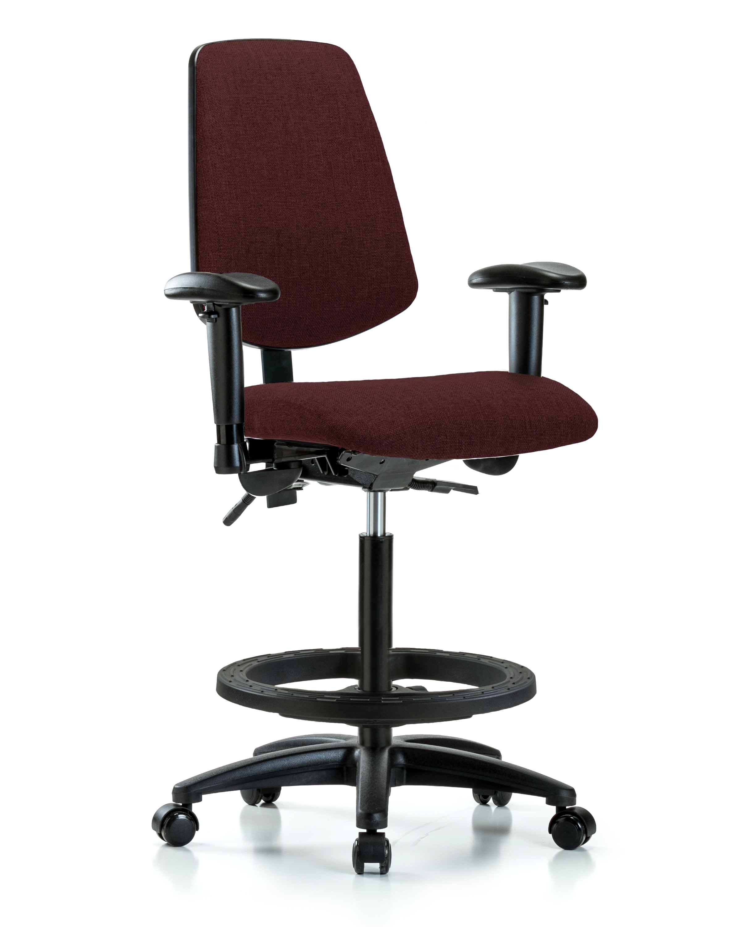 Rutledge Fabric Chair - High Bench Height with Medium Back, Adjustable Arms, Black Foot Ring, & Casters in Burgundy Fabric