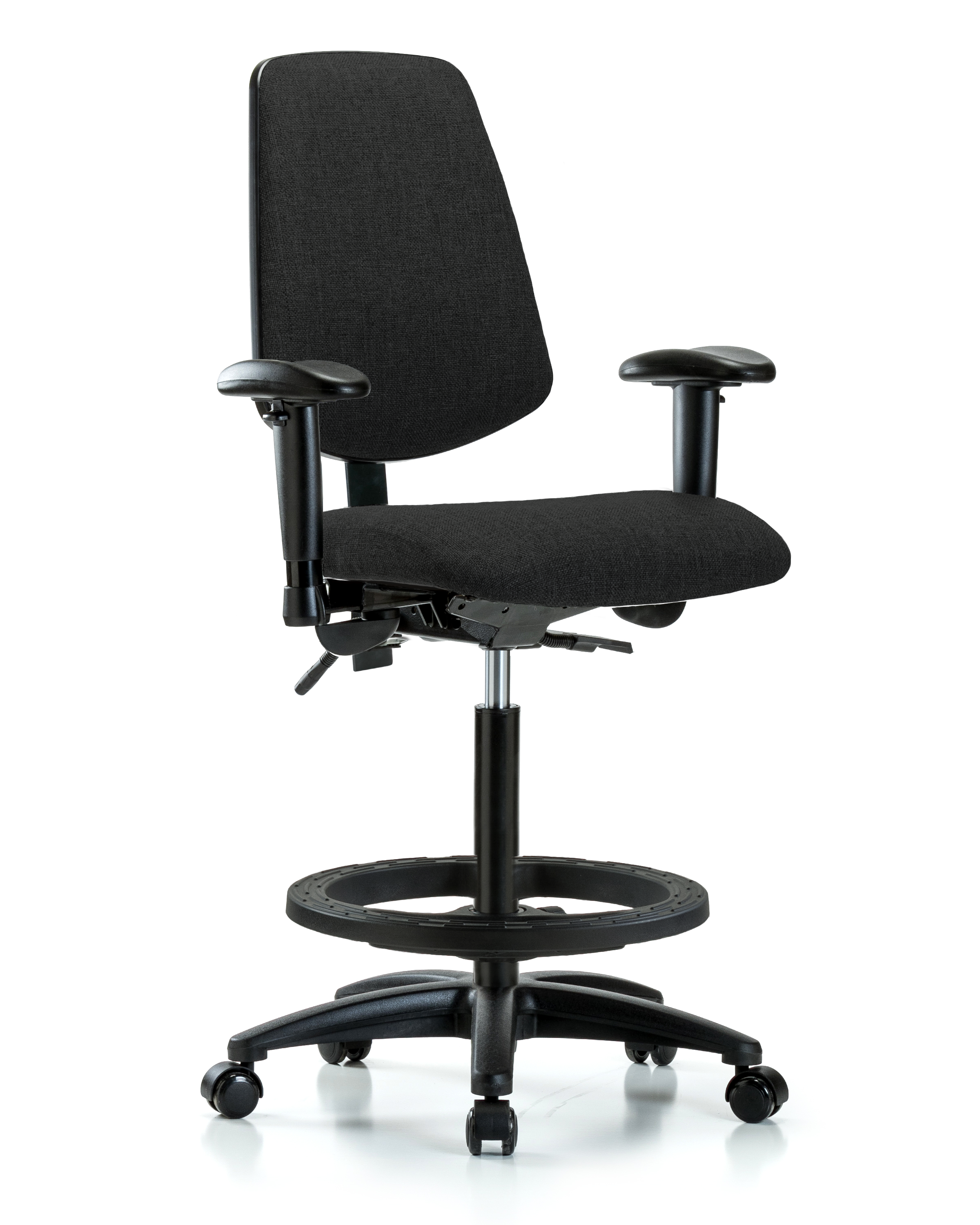 Rutledge Fabric Chair - High Bench Height with Medium Back, Adjustable Arms, Black Foot Ring, & Casters in Black Fabric