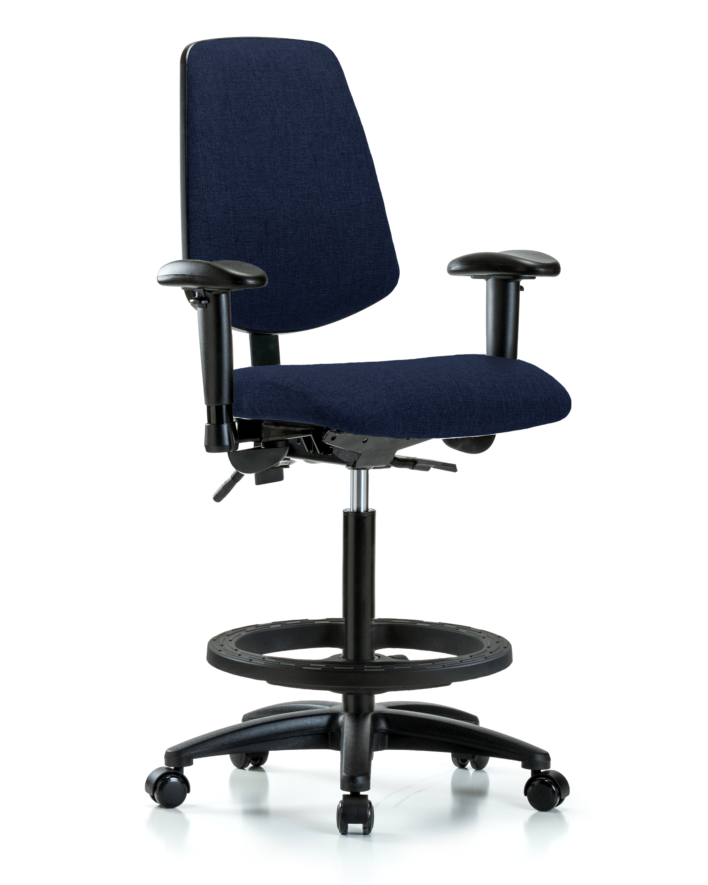Rutledge Fabric Chair - High Bench Height with Medium Back, Adjustable Arms, Black Foot Ring, & Casters in Navy Fabric