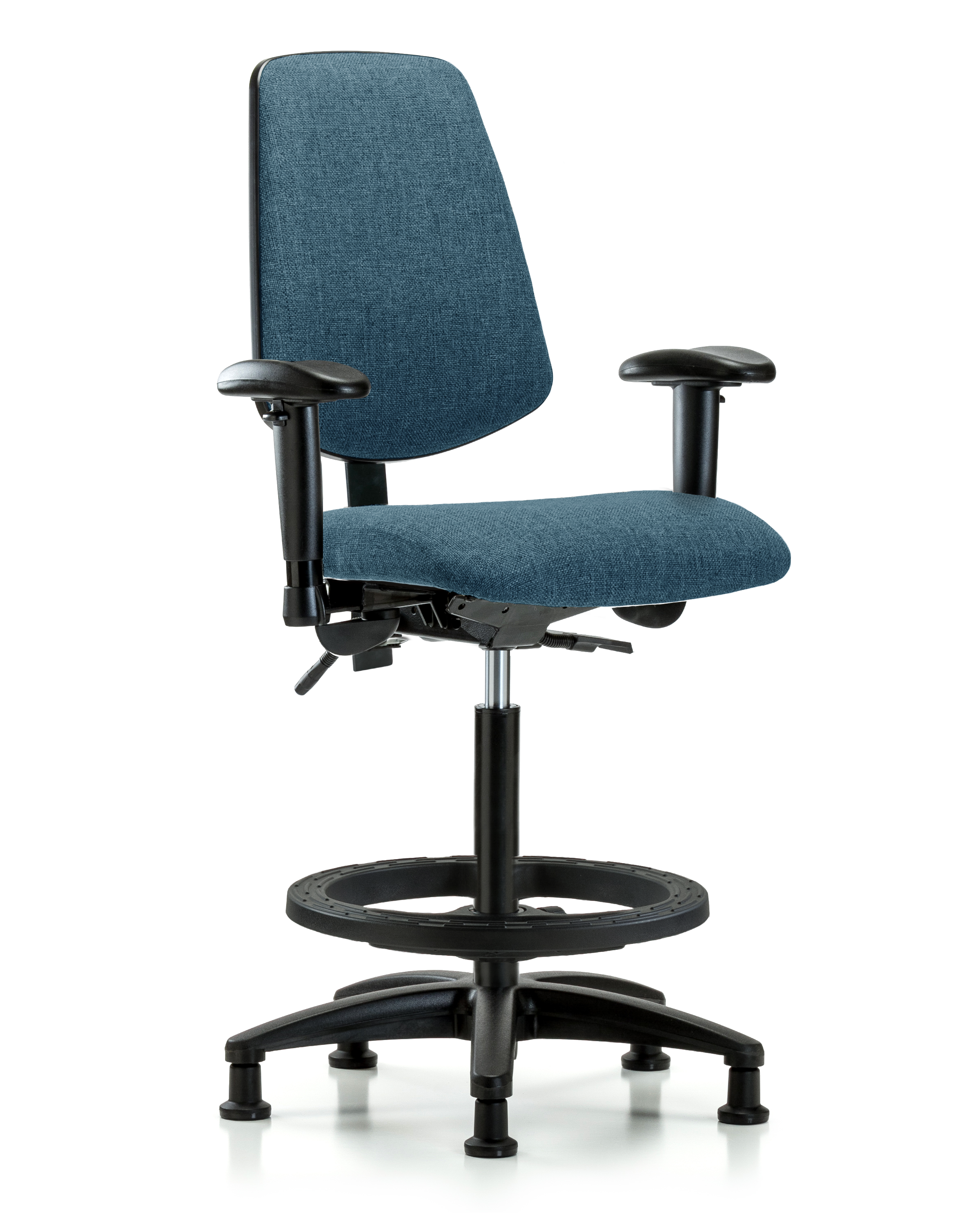 Rutledge Fabric Chair - High Bench Height with Medium Back, Adjustable Arms, Black Foot Ring, & Stationary Glides in Blue Fabric