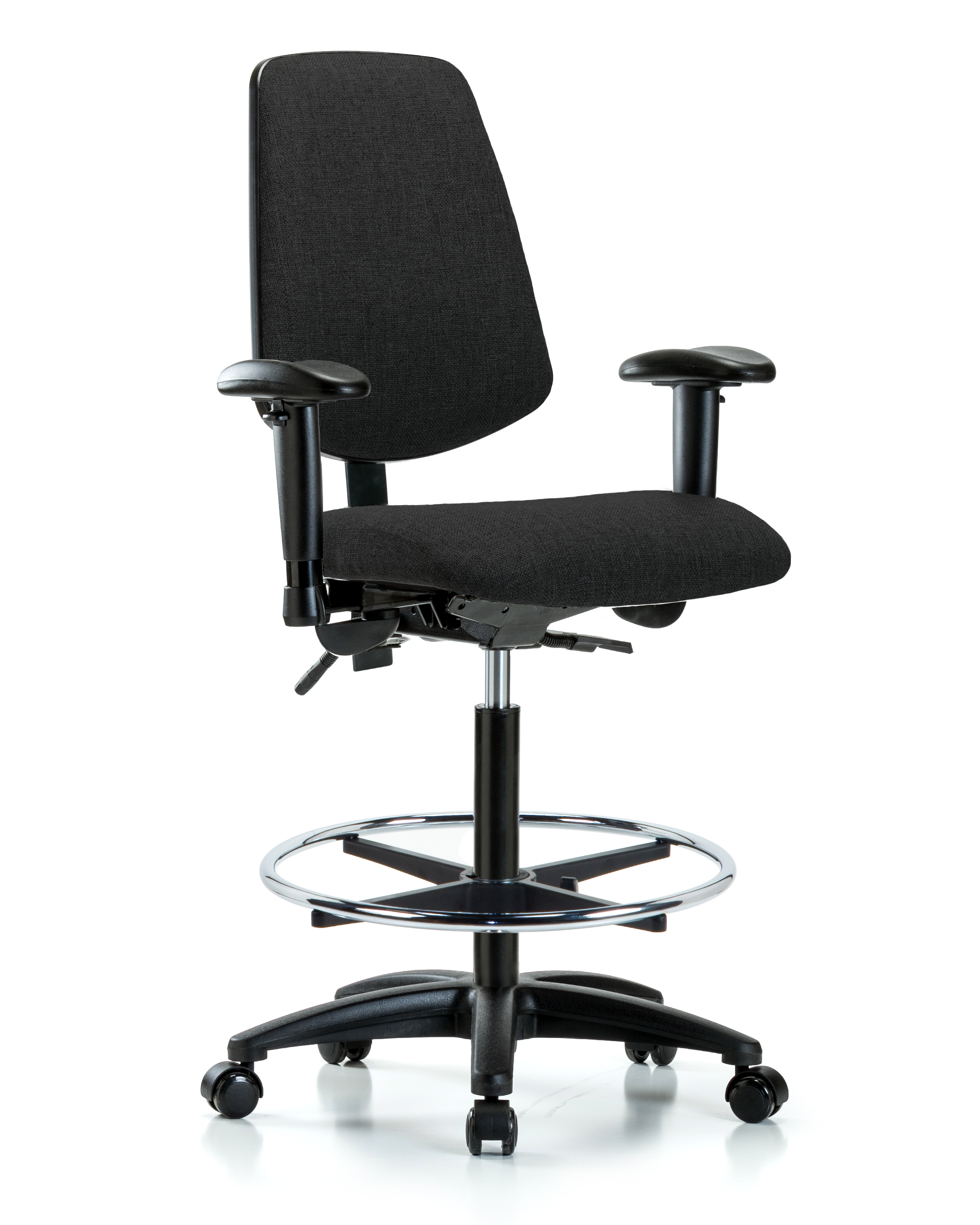 Rutledge Fabric Chair - High Bench Height with Medium Back, Adjustable Arms, Chrome Foot Ring, & Casters in Black Fabric
