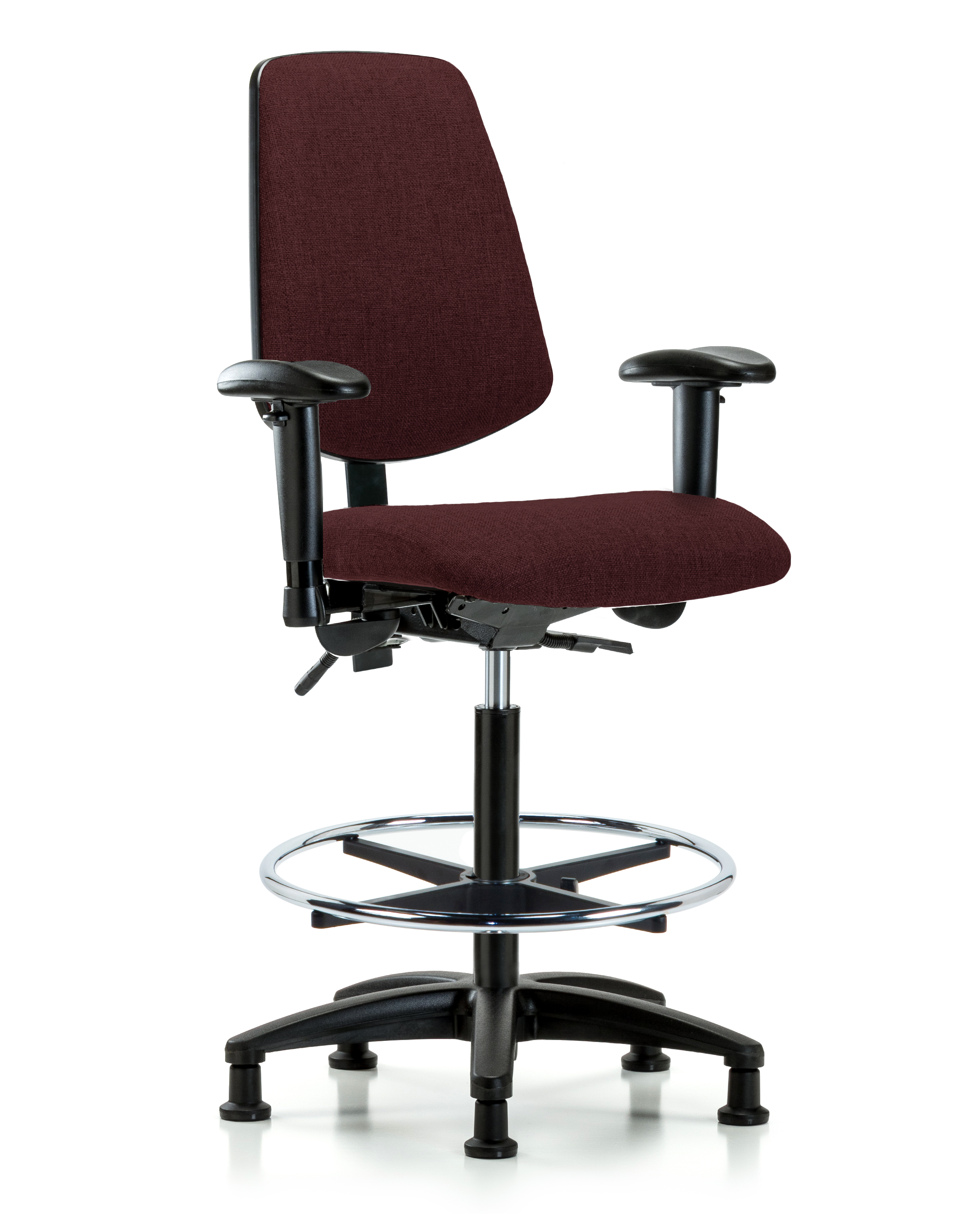 Rutledge Fabric Chair - High Bench Height with Medium Back, Adjustable Arms, Chrome Foot Ring, & Stationary Glides in Burgundy Fabric