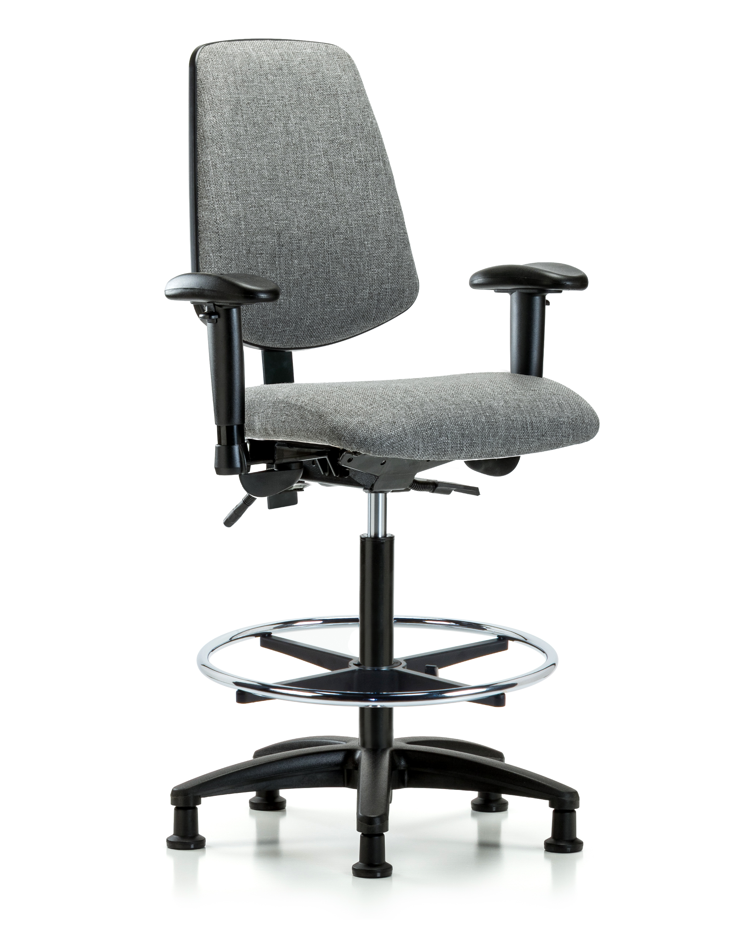 Rutledge Fabric Chair - High Bench Height with Medium Back, Adjustable Arms, Chrome Foot Ring, & Stationary Glides in Gray Fabric