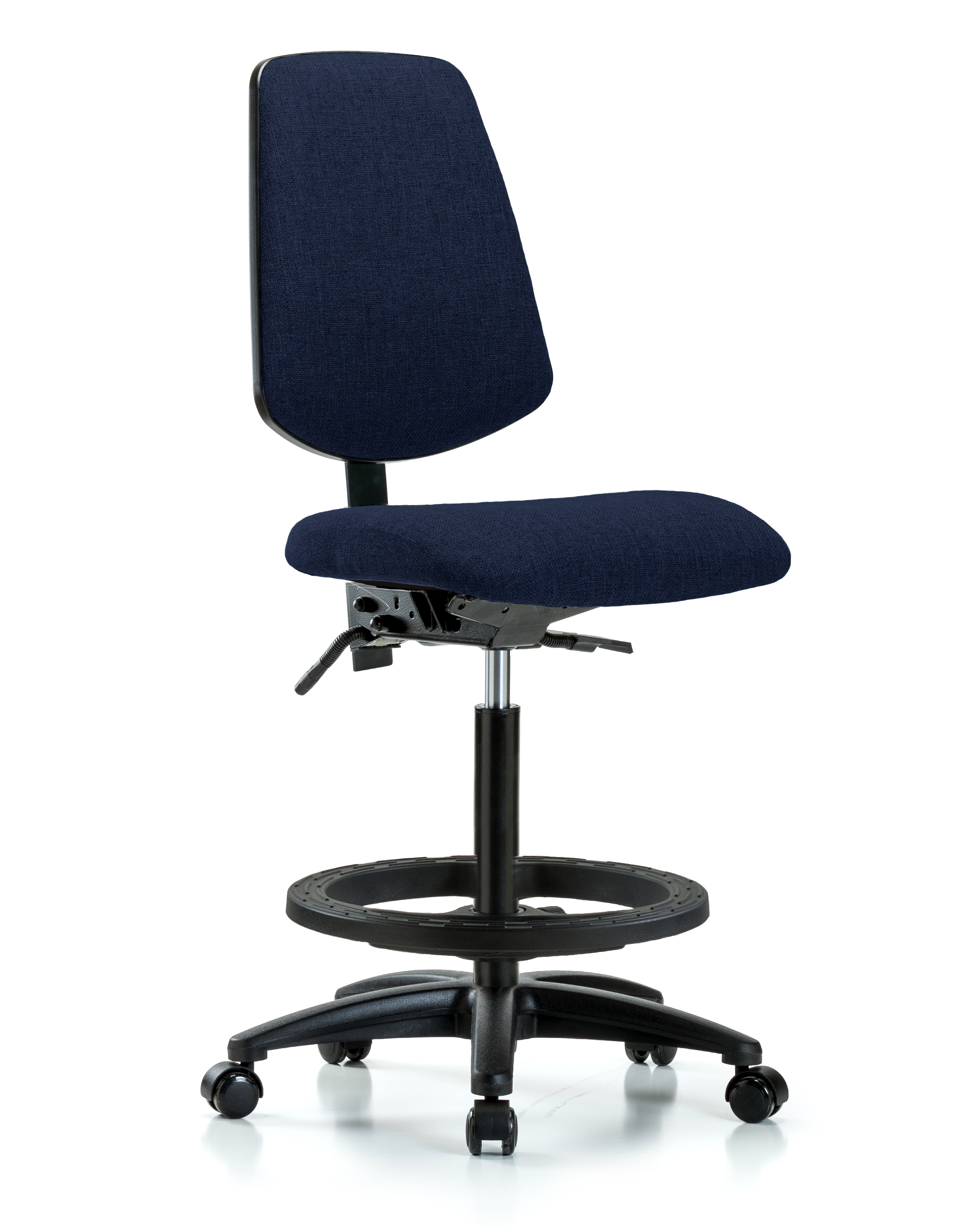Rutledge Fabric Chair - High Bench Height with Medium Back, Seat Tilt, Black Foot Ring, & Casters in Navy Fabric