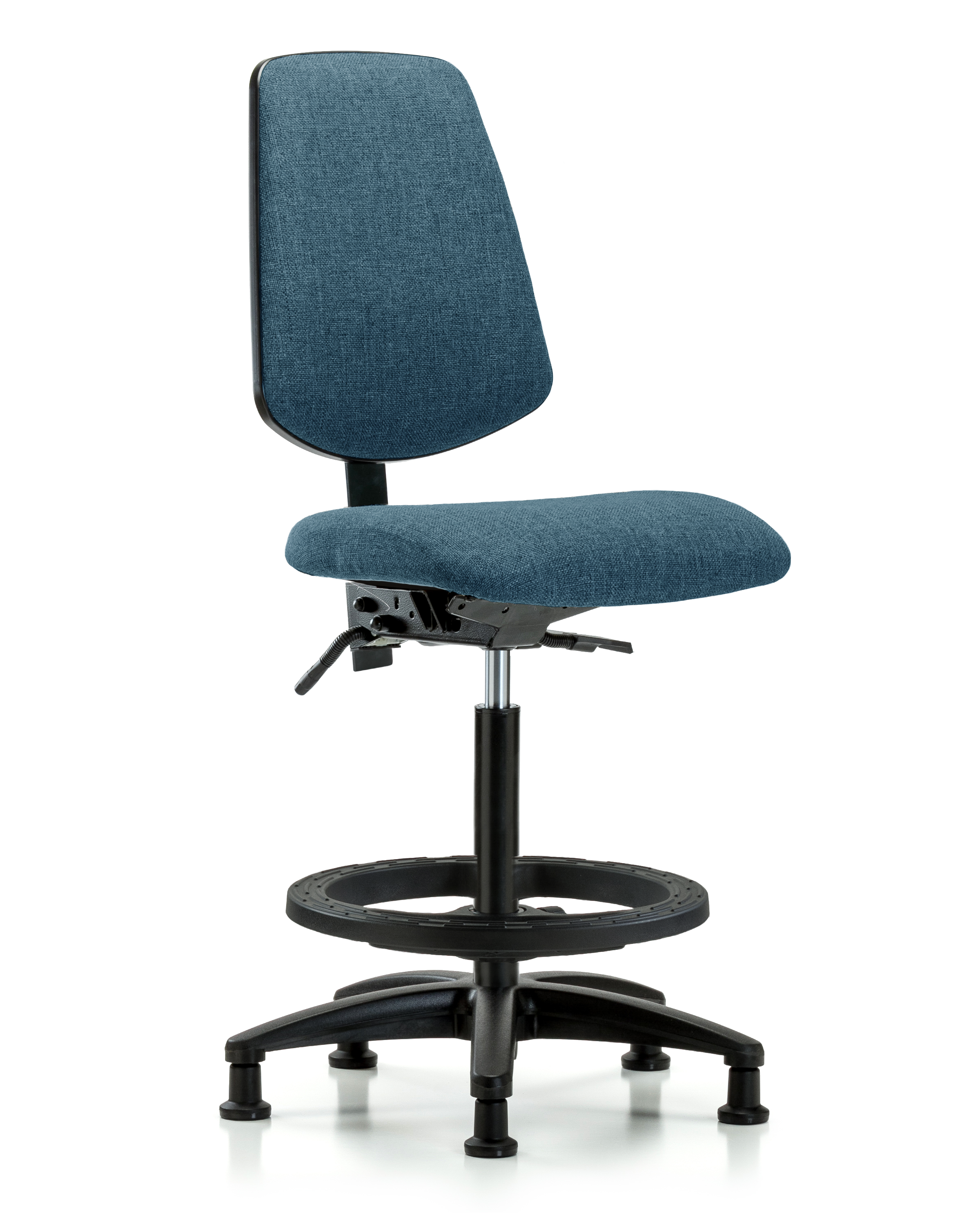 Rutledge Fabric Chair - High Bench Height with Medium Back, Seat Tilt, Black Foot Ring, & Stationary Glides in Blue Fabric