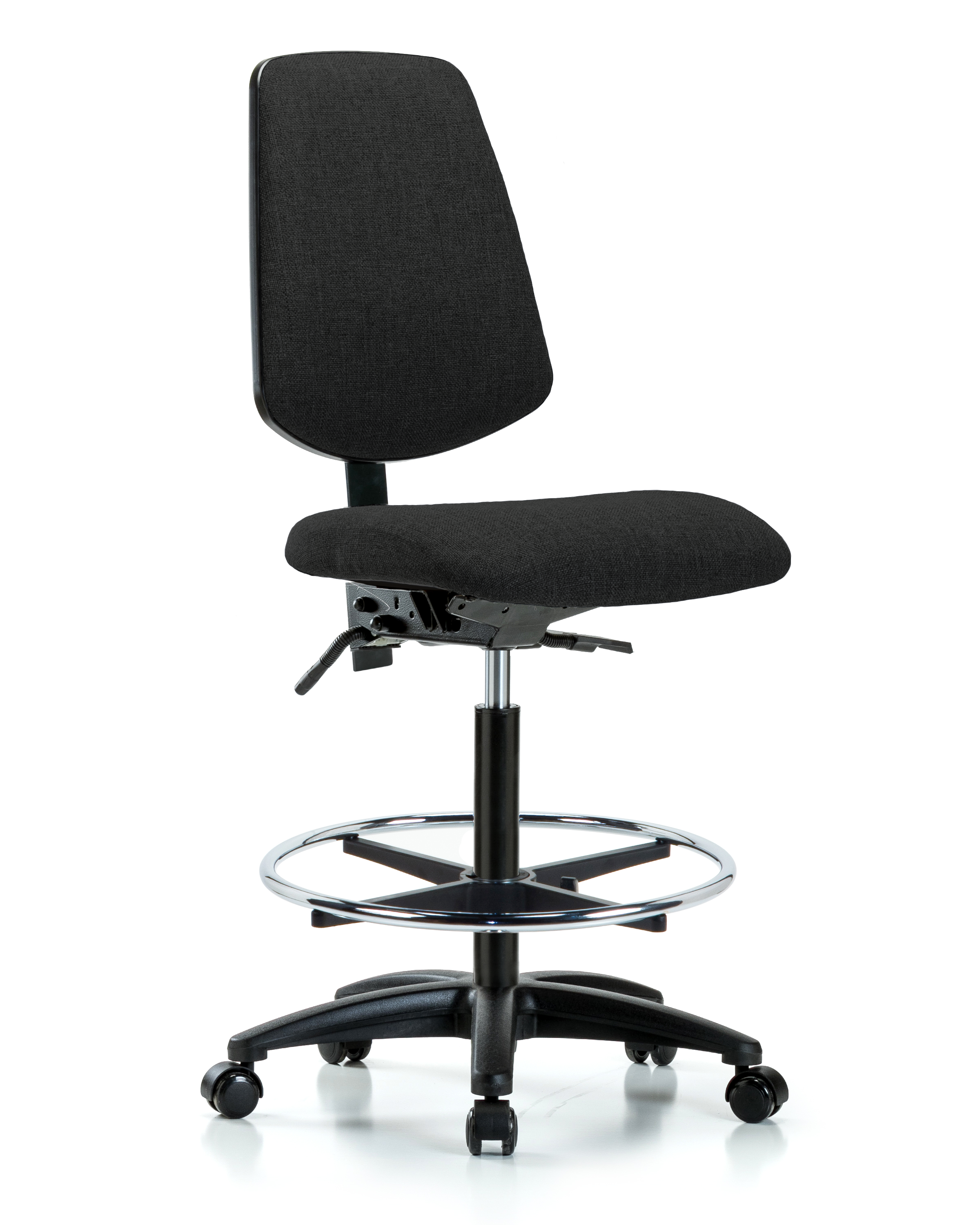 Rutledge Fabric Chair - High Bench Height with Medium Back, Seat Tilt, Chrome Foot Ring, & Casters in Black Fabric