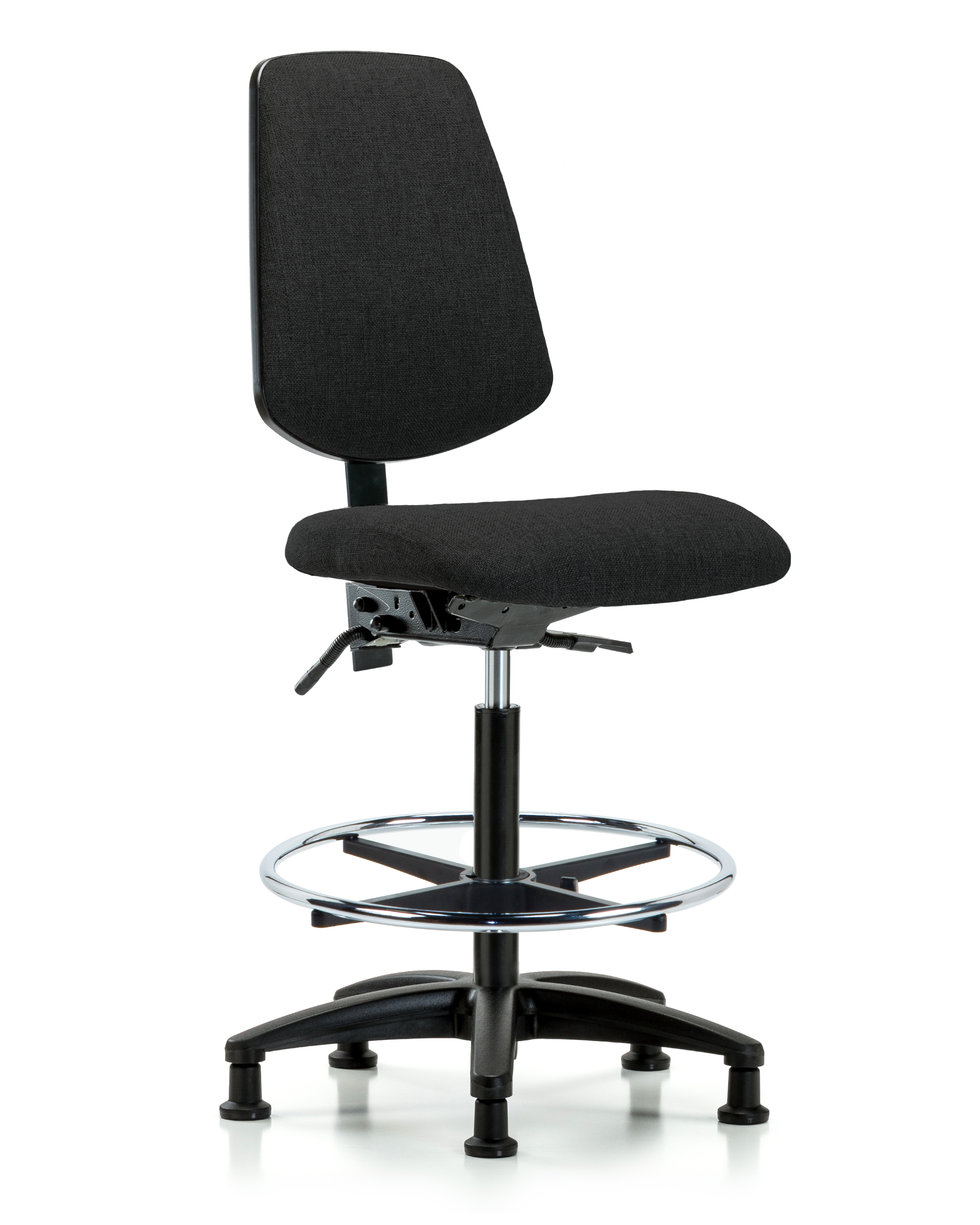 Rutledge Fabric Chair - High Bench Height with Medium Back, Seat Tilt, Chrome Foot Ring, & Stationary Glides in Black Fabric