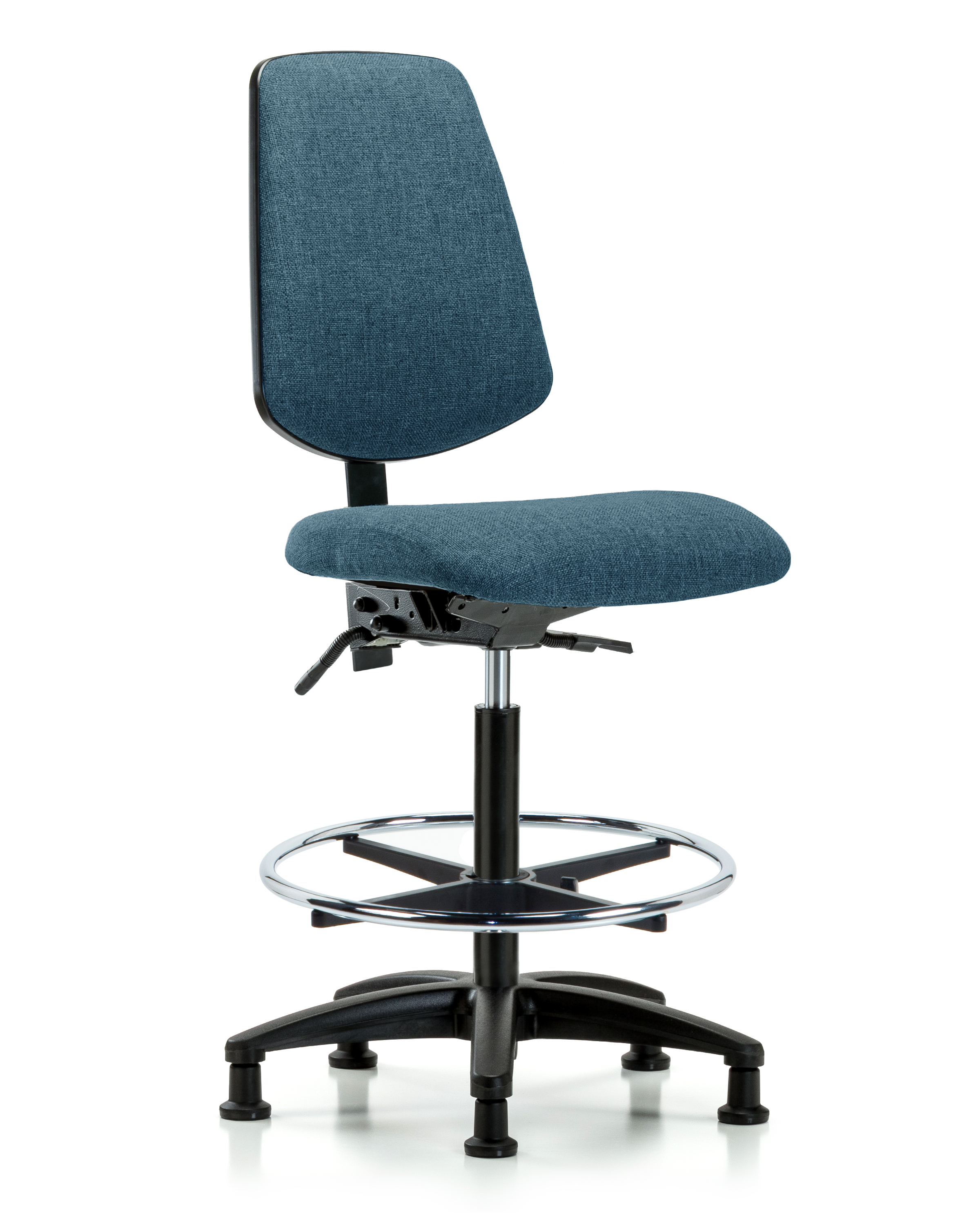Rutledge Fabric Chair - High Bench Height with Medium Back, Seat Tilt, Chrome Foot Ring, & Stationary Glides in Blue Fabric