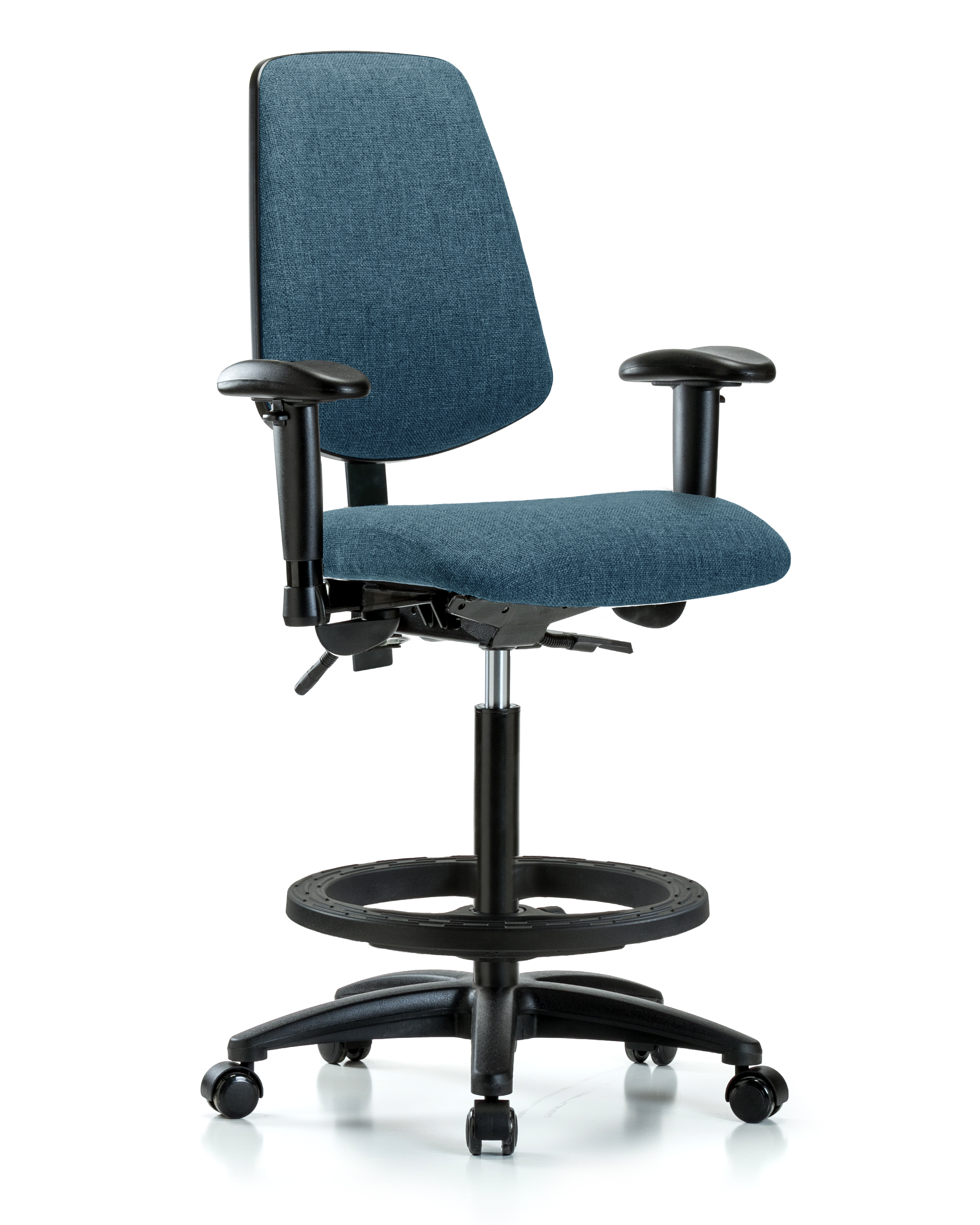 Rutledge Fabric Chair - High Bench Height with Medium Back, Seat Tilt, Adjustable Arms, Black Foot Ring, & Casters in Blue Fabric
