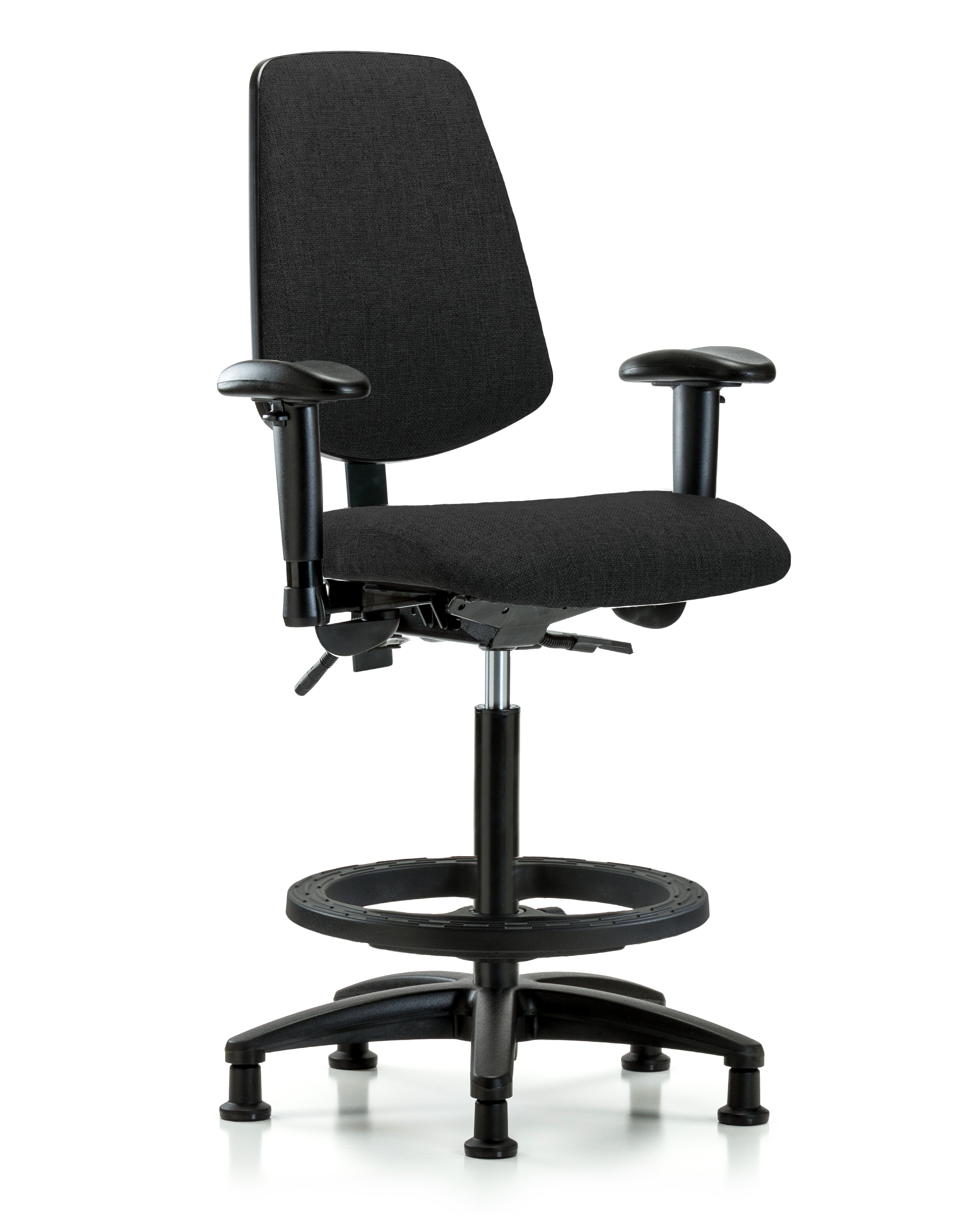Rutledge Fabric Chair - High Bench Height with Medium Back, Seat Tilt, Adjustable Arms, Black Foot Ring, & Stationary Glides in Black Fabric