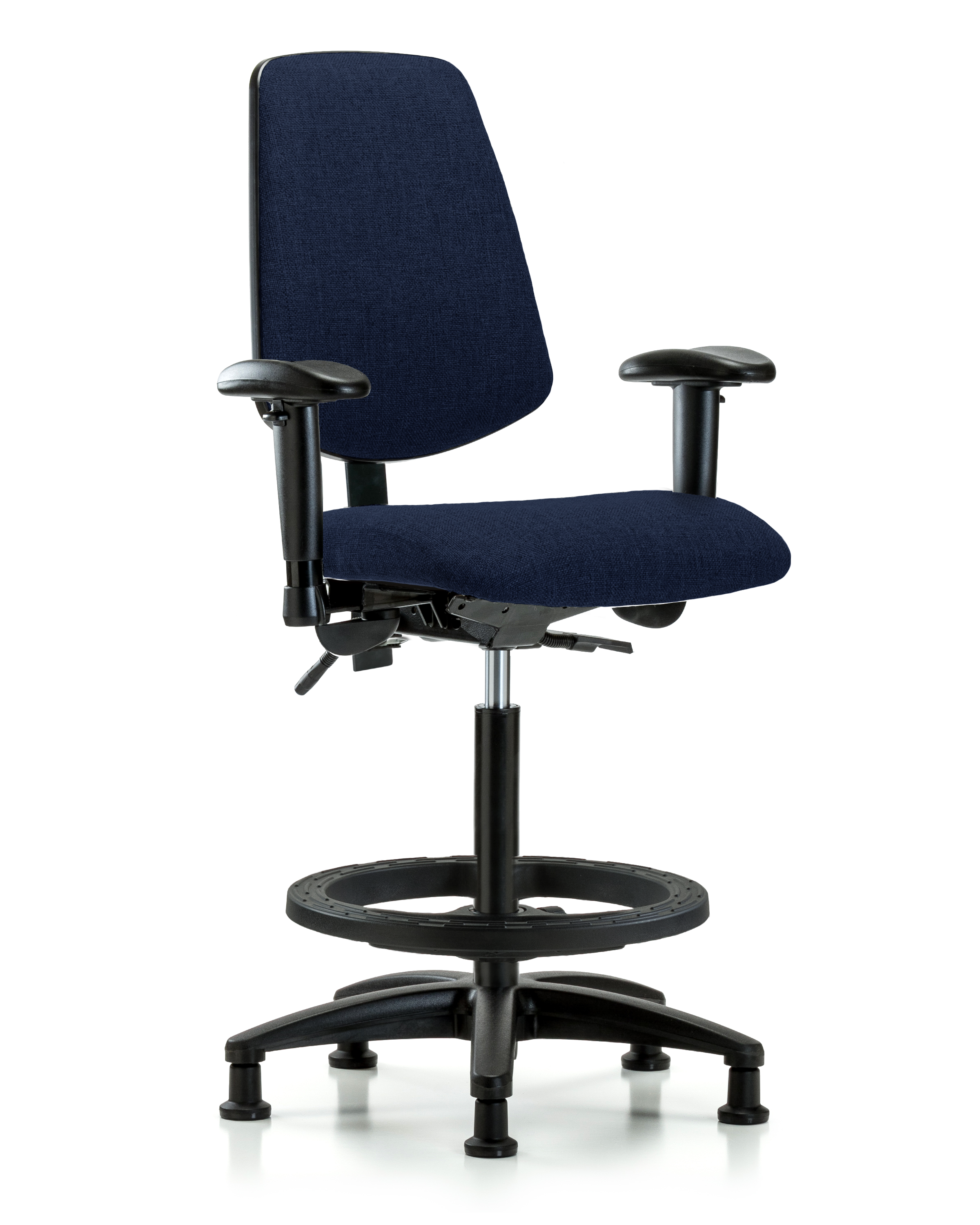 Rutledge Fabric Chair - High Bench Height with Medium Back, Seat Tilt, Adjustable Arms, Black Foot Ring, & Stationary Glides in Navy Fabric