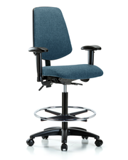 Rutledge Fabric Chair - High Bench Height with Medium Back, Seat Tilt, Adjustable Arms, Chrome Foot Ring, & Casters in Blue Fabric