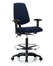 Rutledge Fabric Chair - High Bench Height with Medium Back, Seat Tilt, Adjustable Arms, Chrome Foot Ring, & Casters in Navy Fabric