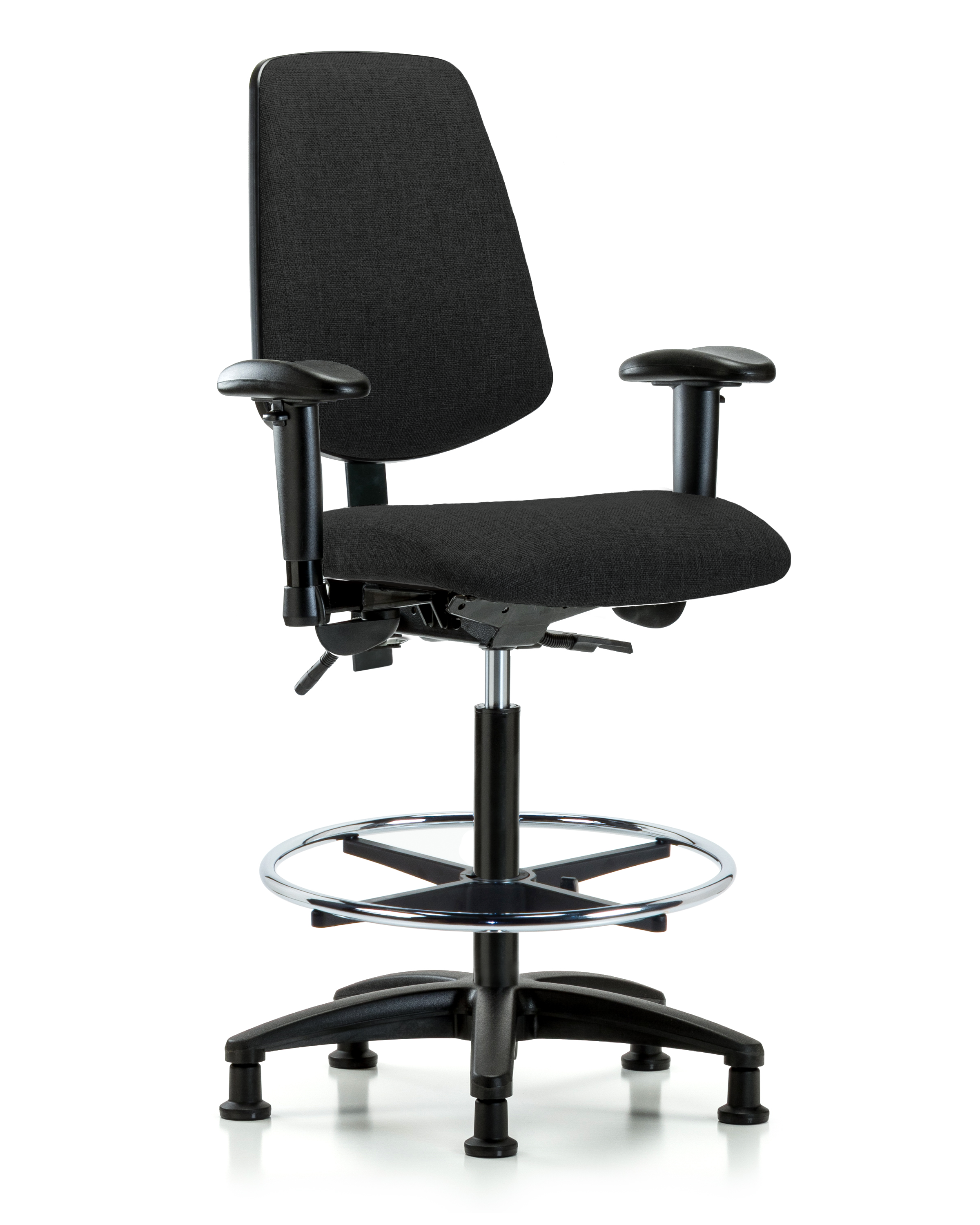 Rutledge Fabric Chair - High Bench Height with Medium Back, Seat Tilt, Adjustable Arms, Chrome Foot Ring, & Stationary Glides in Black Fabric