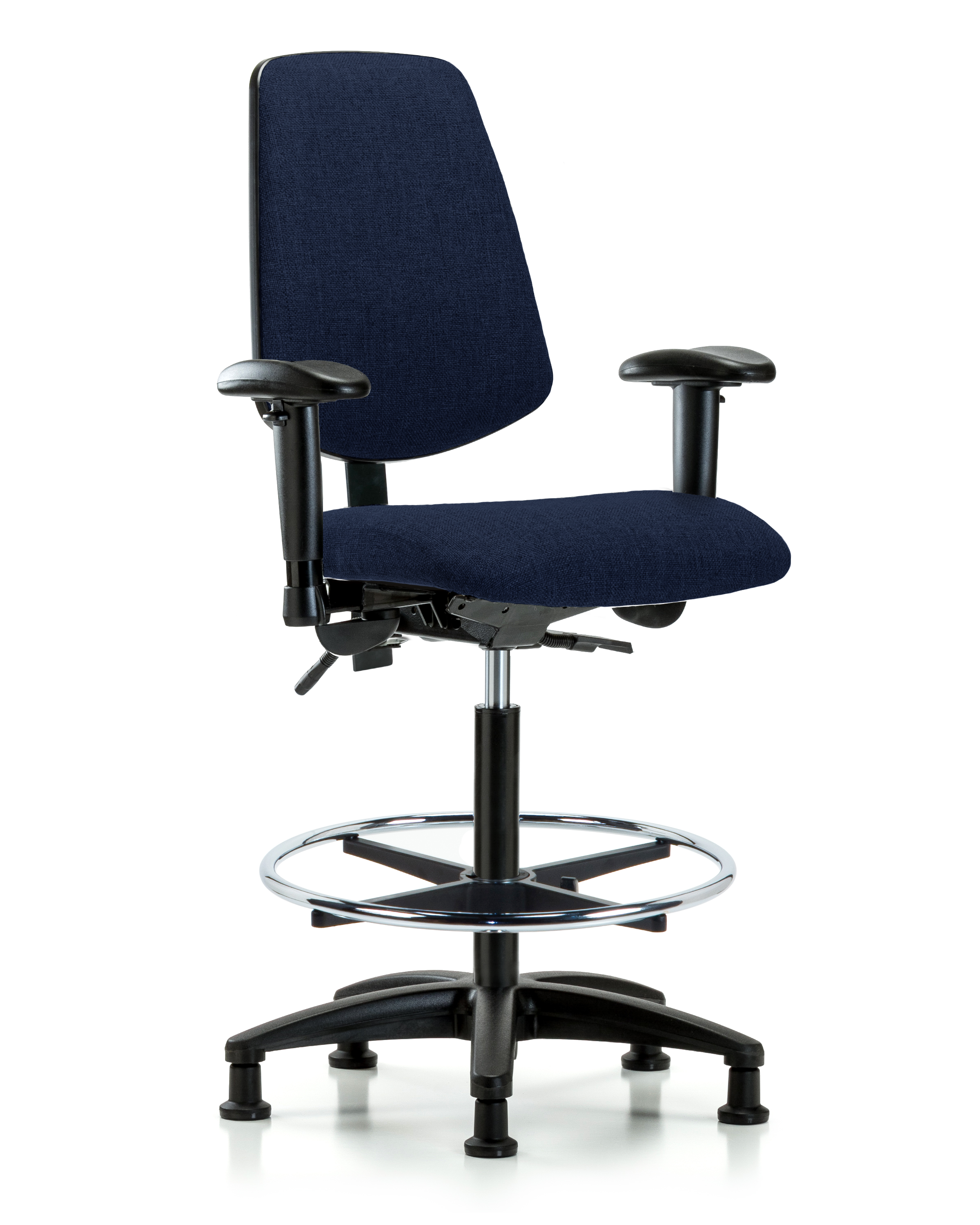 Rutledge Fabric Chair - High Bench Height with Medium Back, Seat Tilt, Adjustable Arms, Chrome Foot Ring, & Stationary Glides in Navy Fabric