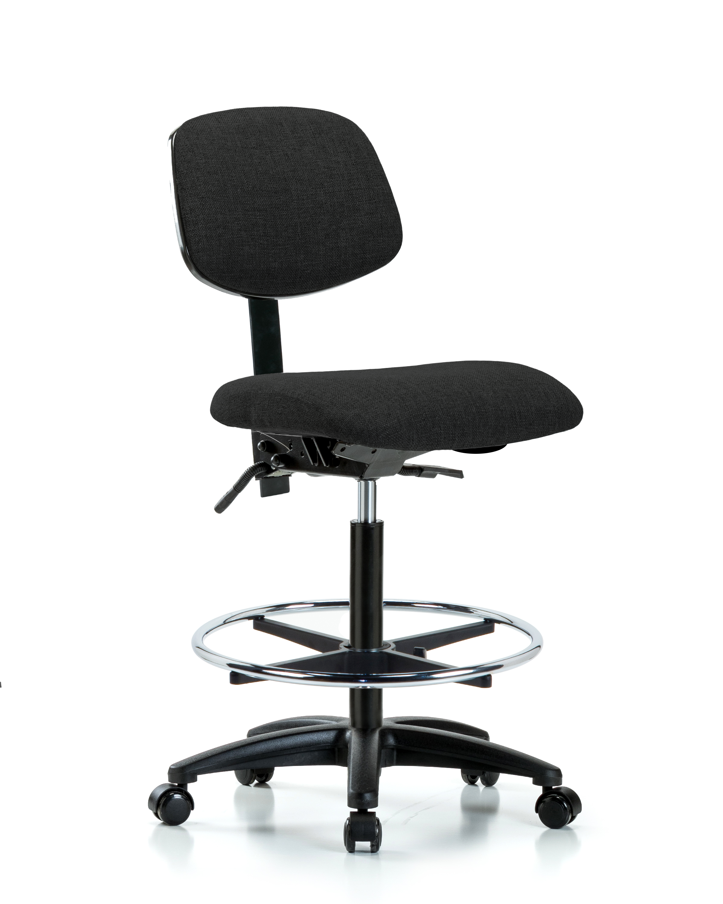 Rutledge Fabric Chair - High Bench Height with Chrome Foot Ring & Casters in Black Fabric