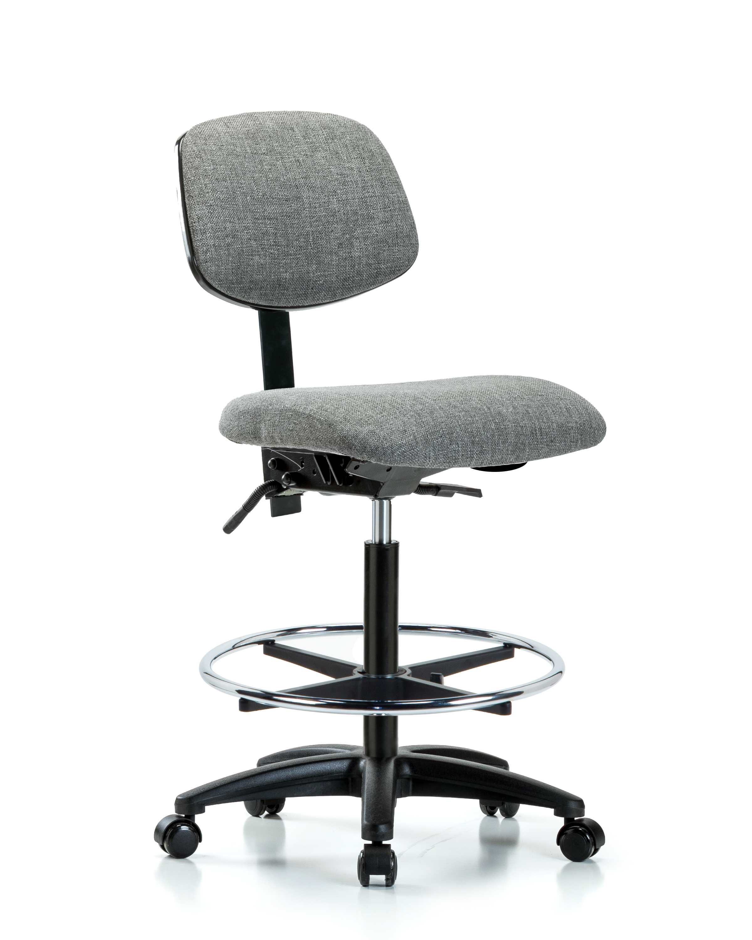 Rutledge Fabric Chair - High Bench Height with Chrome Foot Ring & Casters in Gray Fabric