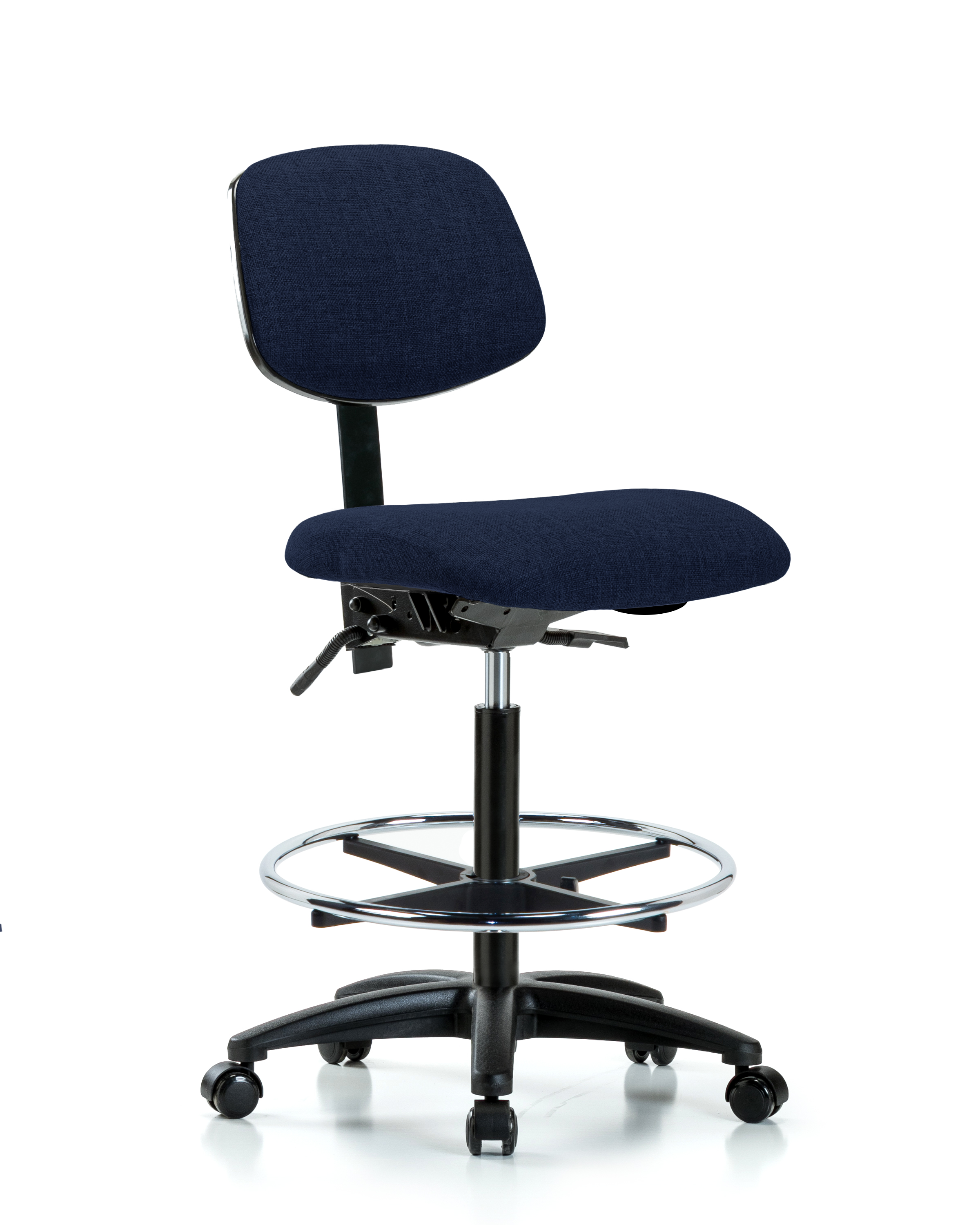 Rutledge Fabric Chair - High Bench Height with Chrome Foot Ring & Casters in Navy Fabric