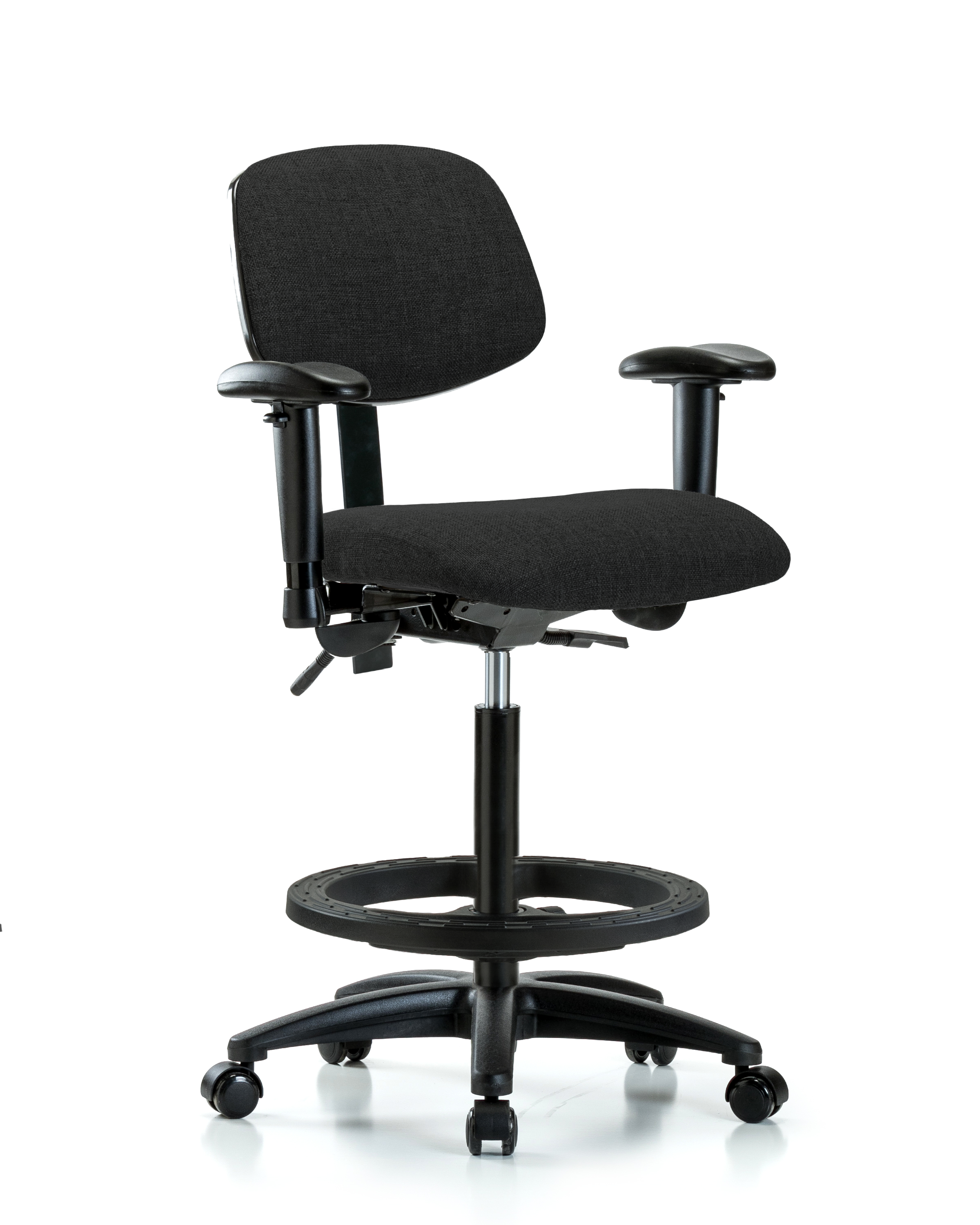 Rutledge Fabric Chair - High Bench Height with Adjustable Arms, Black Foot Ring, & Casters in Black Fabric
