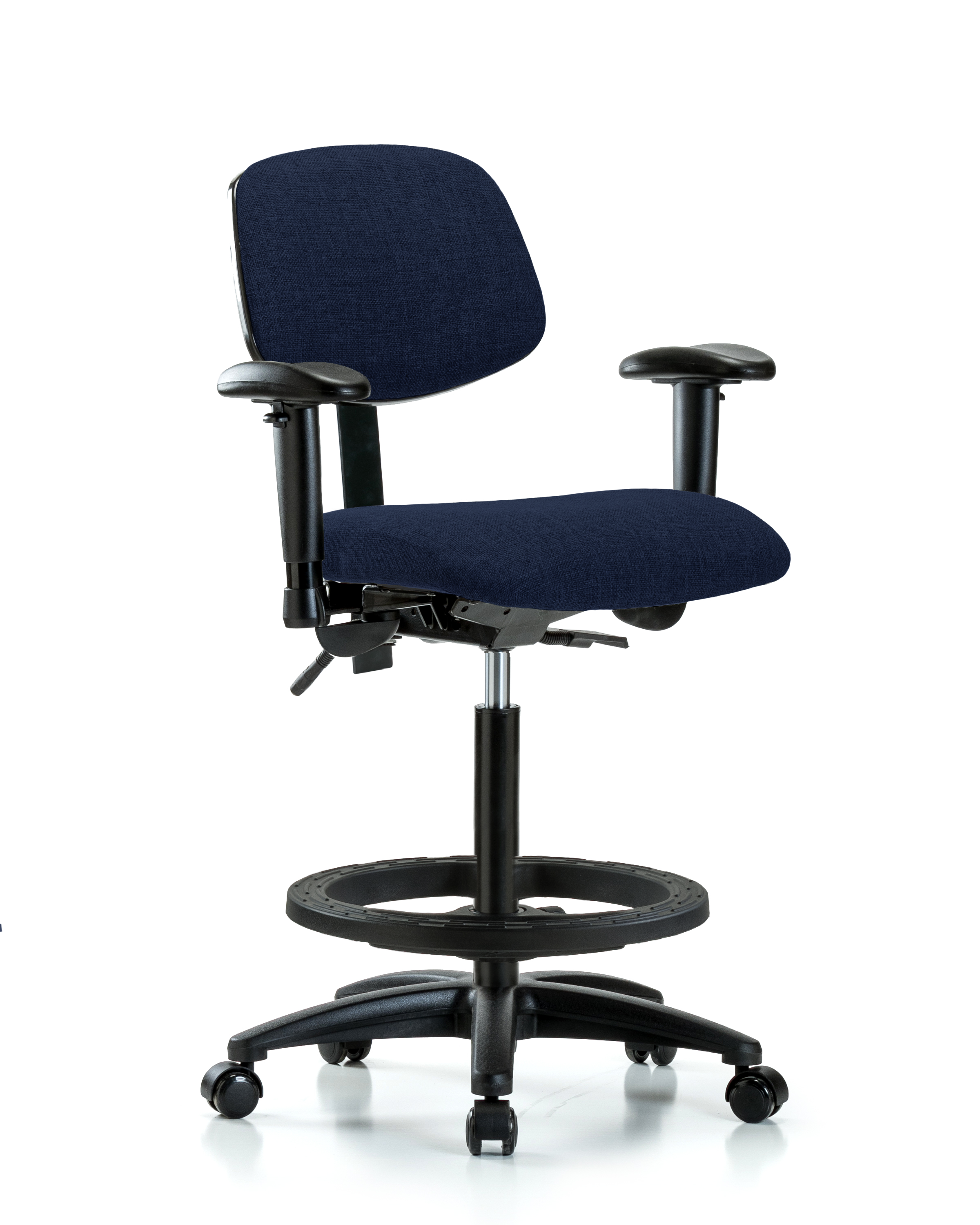 Rutledge Fabric Chair - High Bench Height with Adjustable Arms, Black Foot Ring, & Casters in Navy Fabric