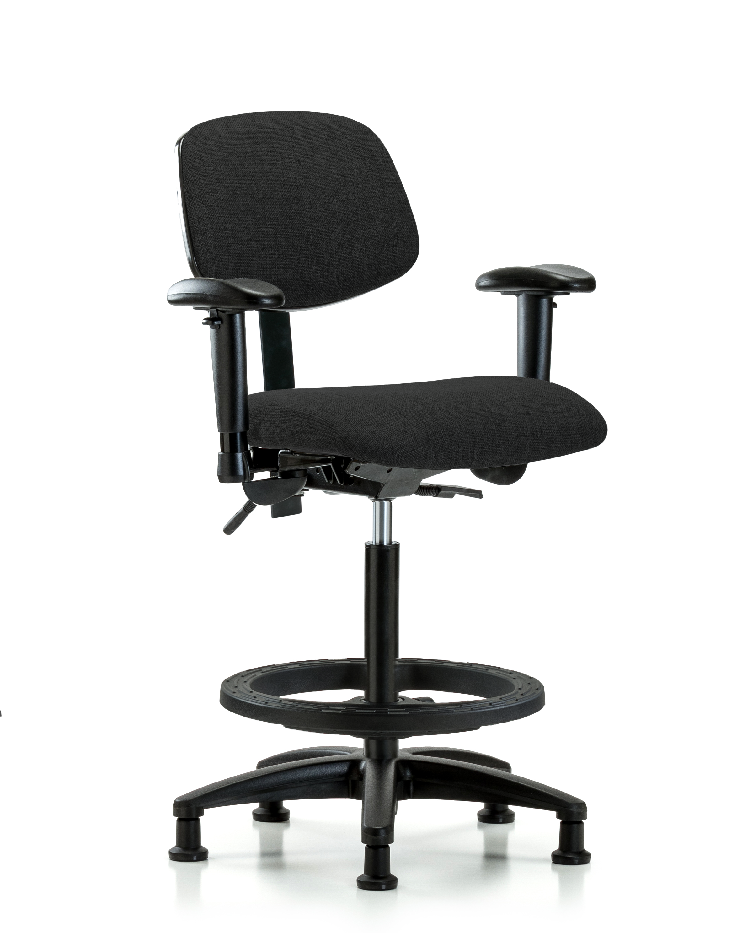 Rutledge Fabric Chair - High Bench Height with Adjustable Arms, Black Foot Ring, & Stationary Glides in Black Fabric