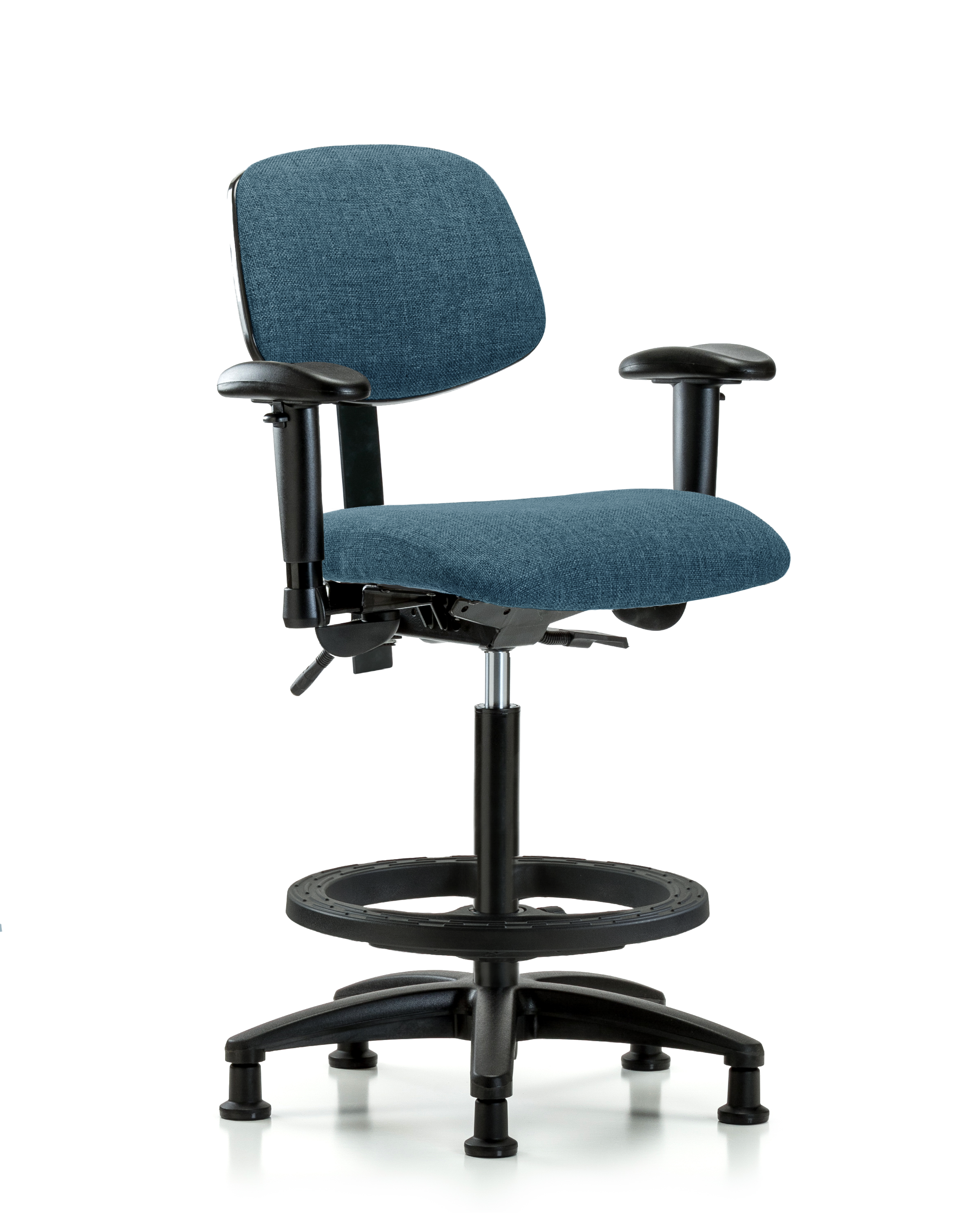 Rutledge Fabric Chair - High Bench Height with Adjustable Arms, Black Foot Ring, & Stationary Glides in Blue Fabric