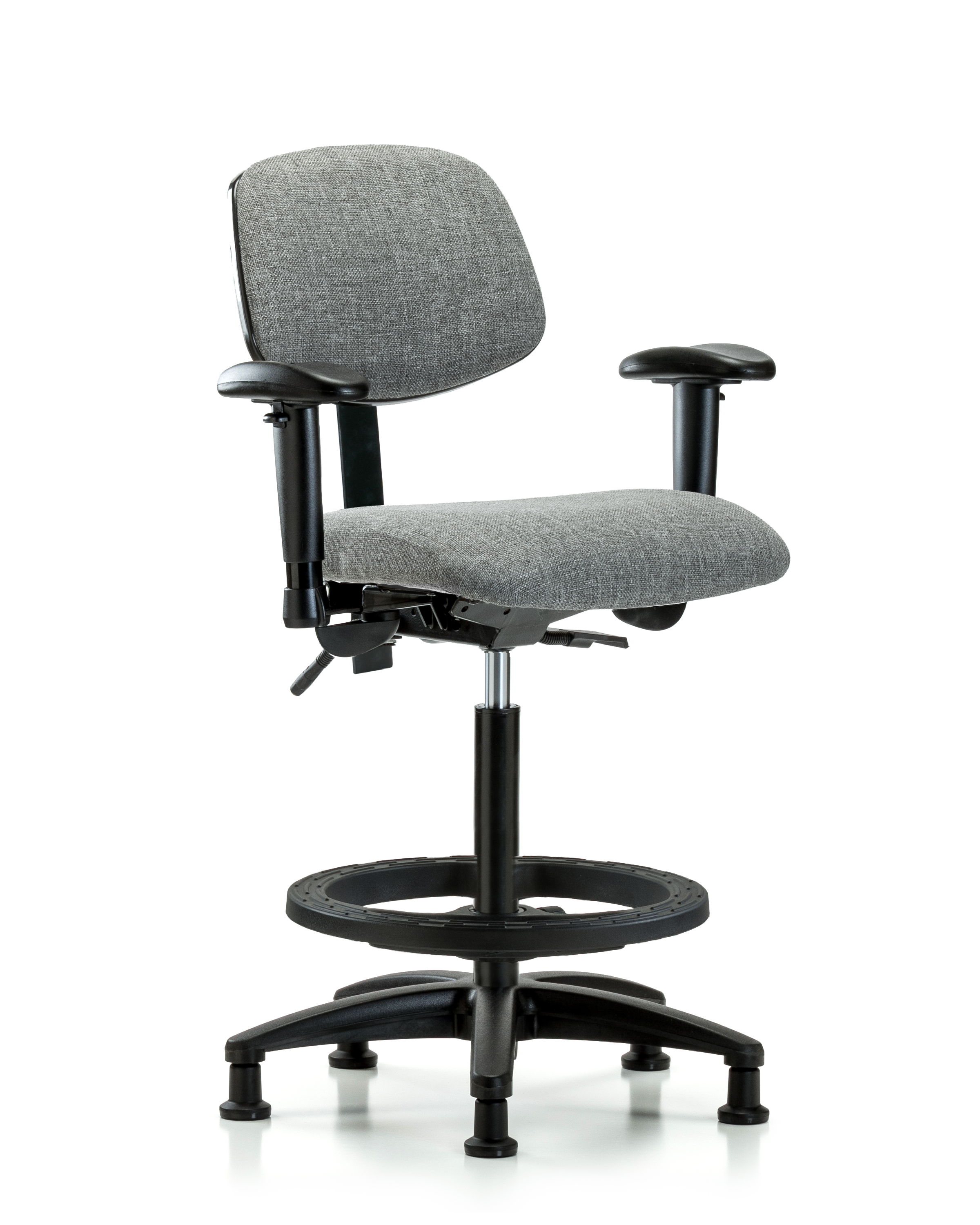 Rutledge Fabric Chair - High Bench Height with Adjustable Arms, Black Foot Ring, & Stationary Glides in Gray Fabric