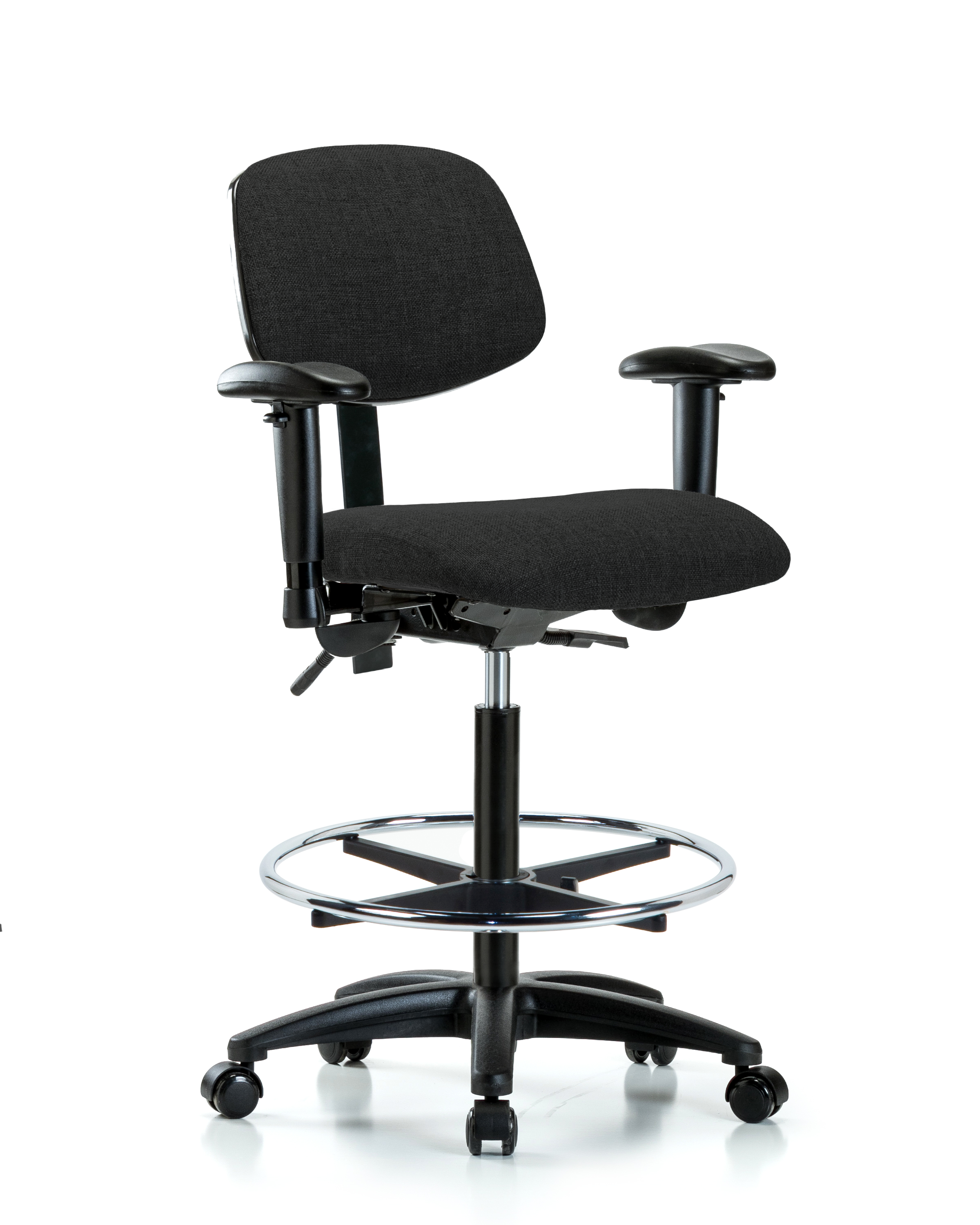 Rutledge Fabric Chair - High Bench Height with Adjustable Arms, Chrome Foot Ring, & Casters in Black Fabric