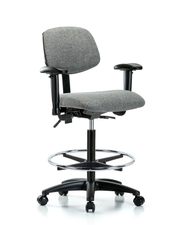 Rutledge Fabric Chair - High Bench Height with Adjustable Arms, Chrome Foot Ring, & Casters in Gray Fabric