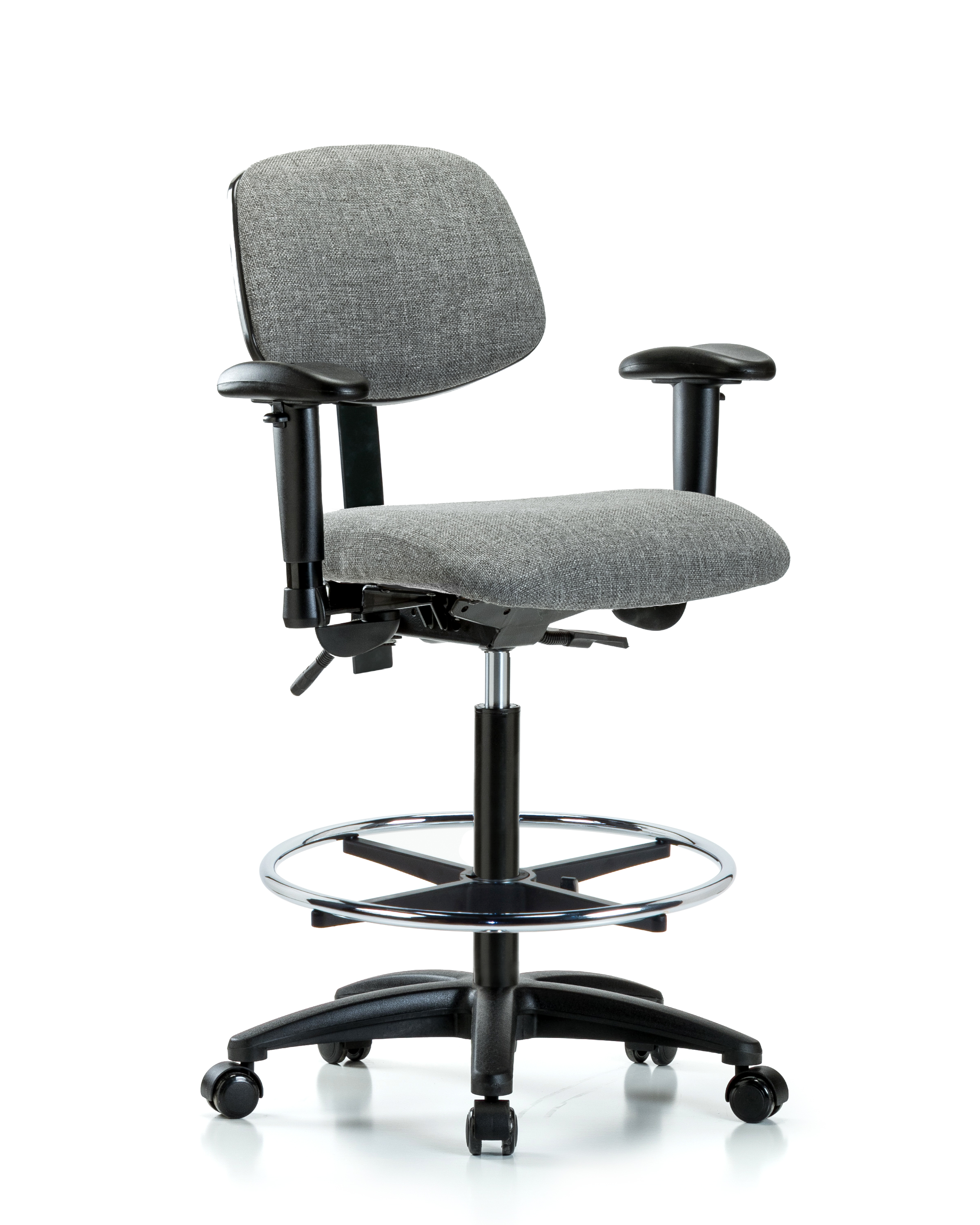 Rutledge Fabric Chair - High Bench Height with Adjustable Arms, Chrome Foot Ring, & Casters in Gray Fabric