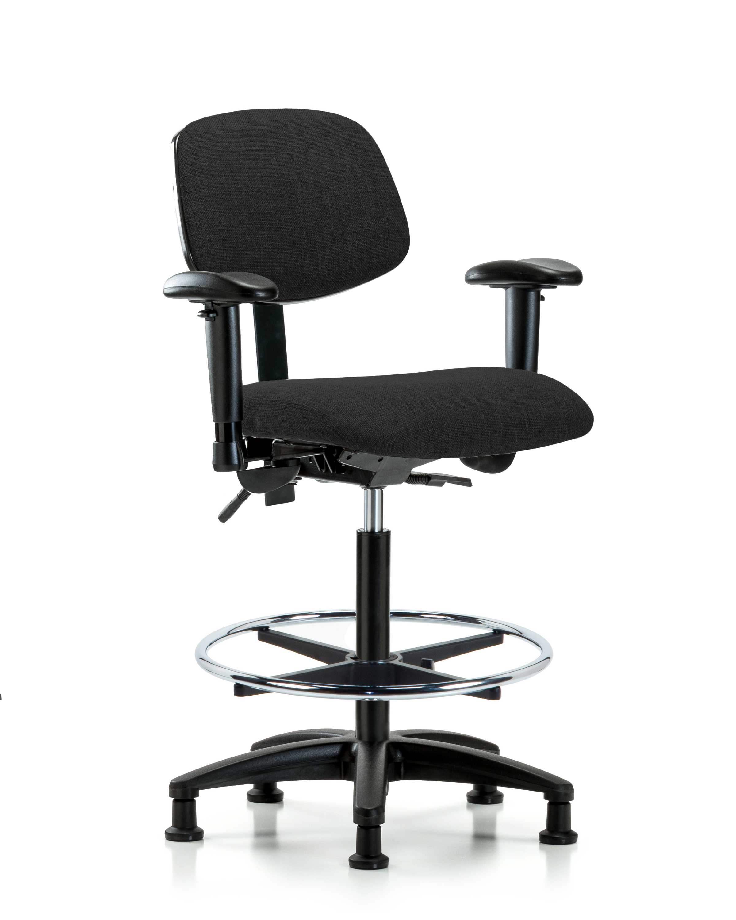 Rutledge Fabric Chair - High Bench Height with Adjustable Arms, Chrome Foot Ring, & Stationary Glides in Black Fabric