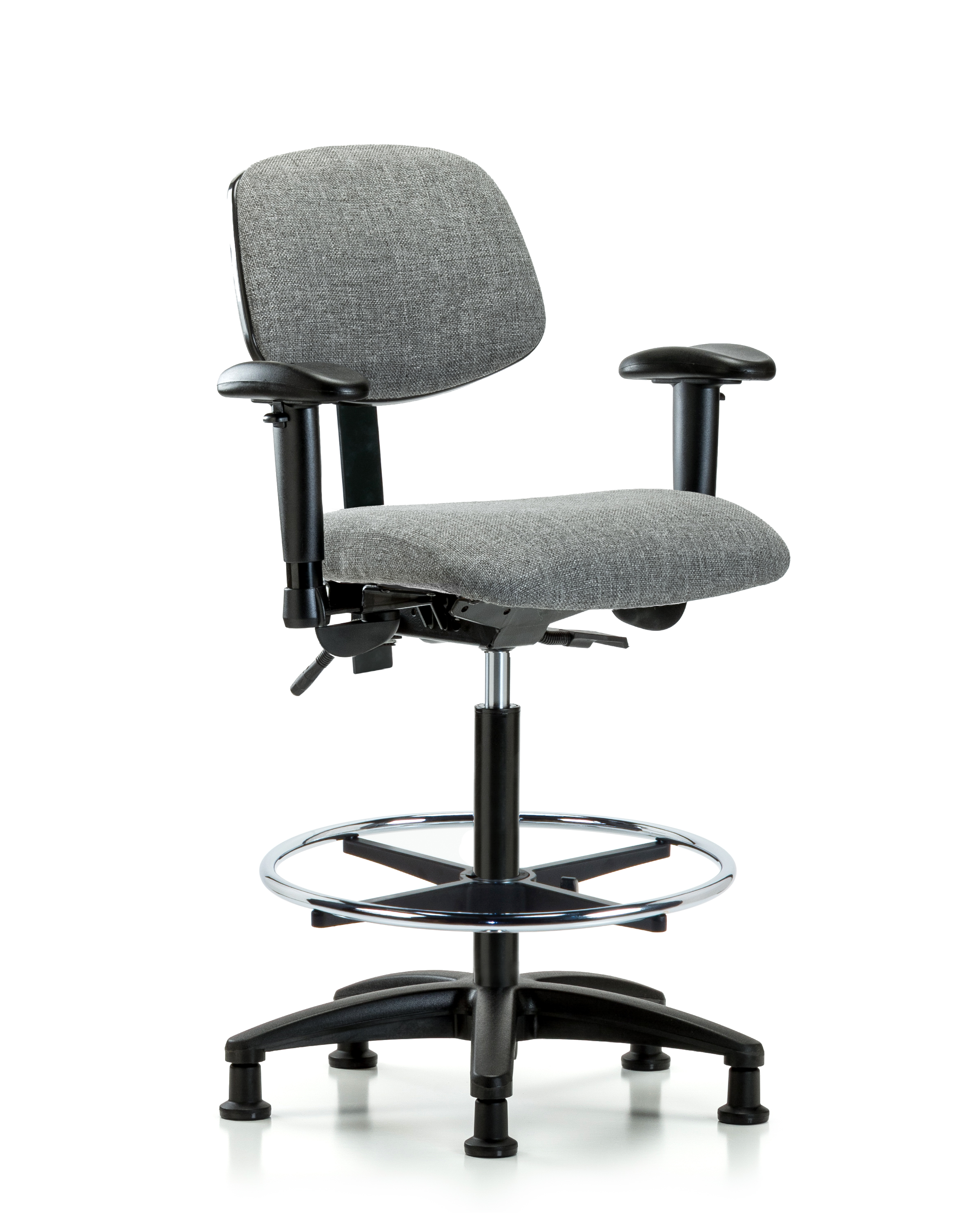 Rutledge Fabric Chair - High Bench Height with Adjustable Arms, Chrome Foot Ring, & Stationary Glides in Gray Fabric