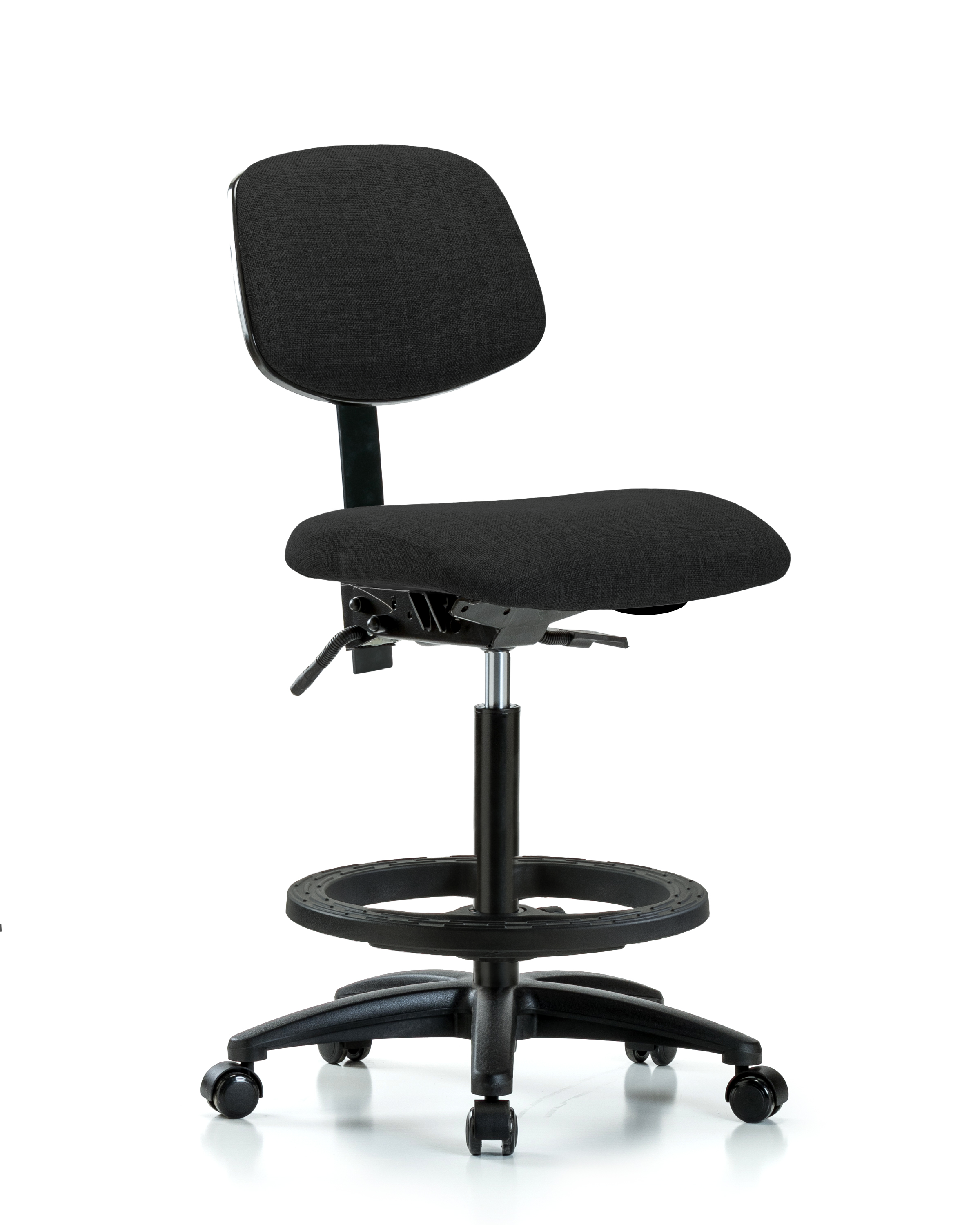 Rutledge Fabric Chair - High Bench Height with Seat Tilt, Black Foot Ring, & Casters in Black Fabric