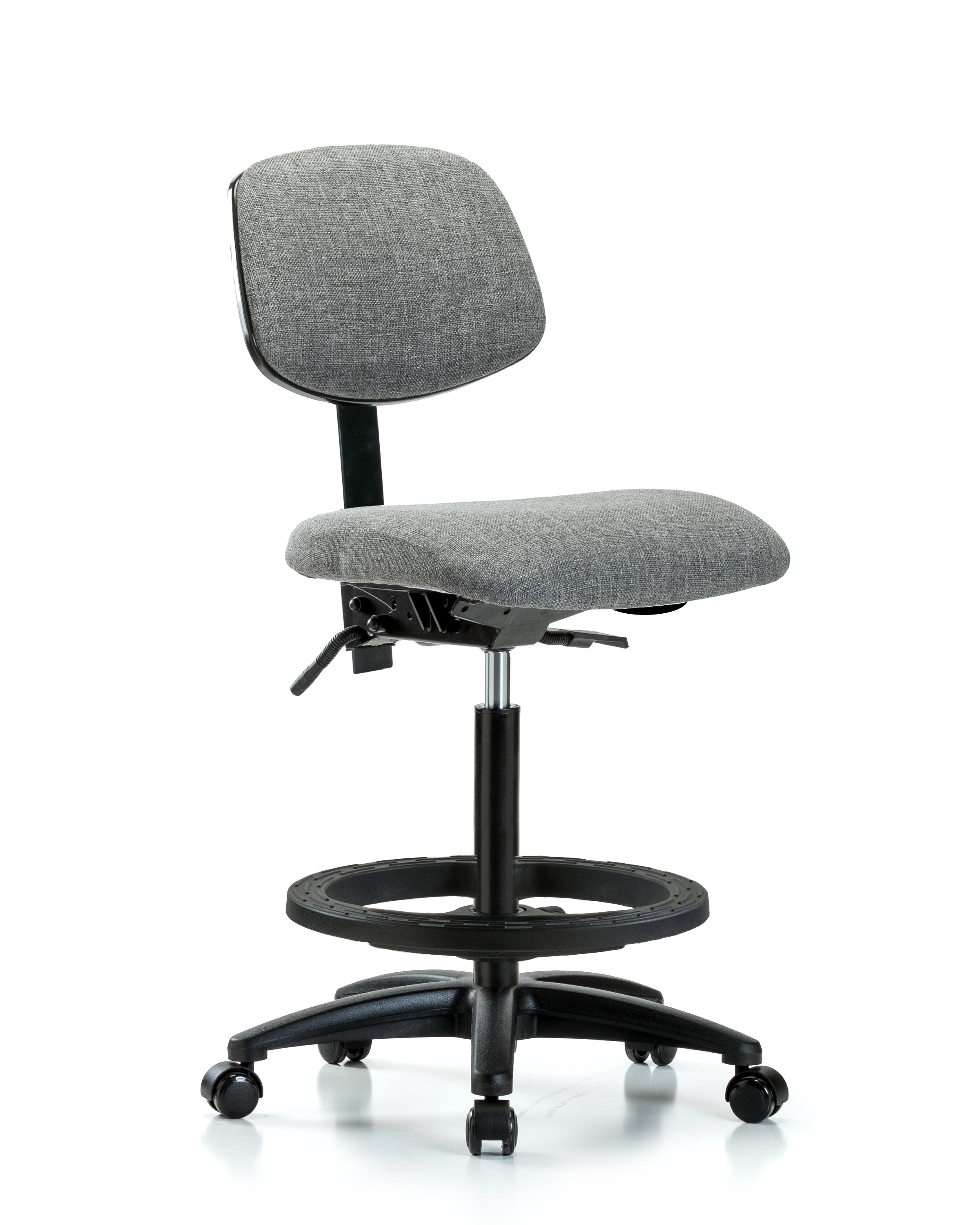 Rutledge Fabric Chair - High Bench Height with Seat Tilt, Black Foot Ring, & Casters in Gray Fabric