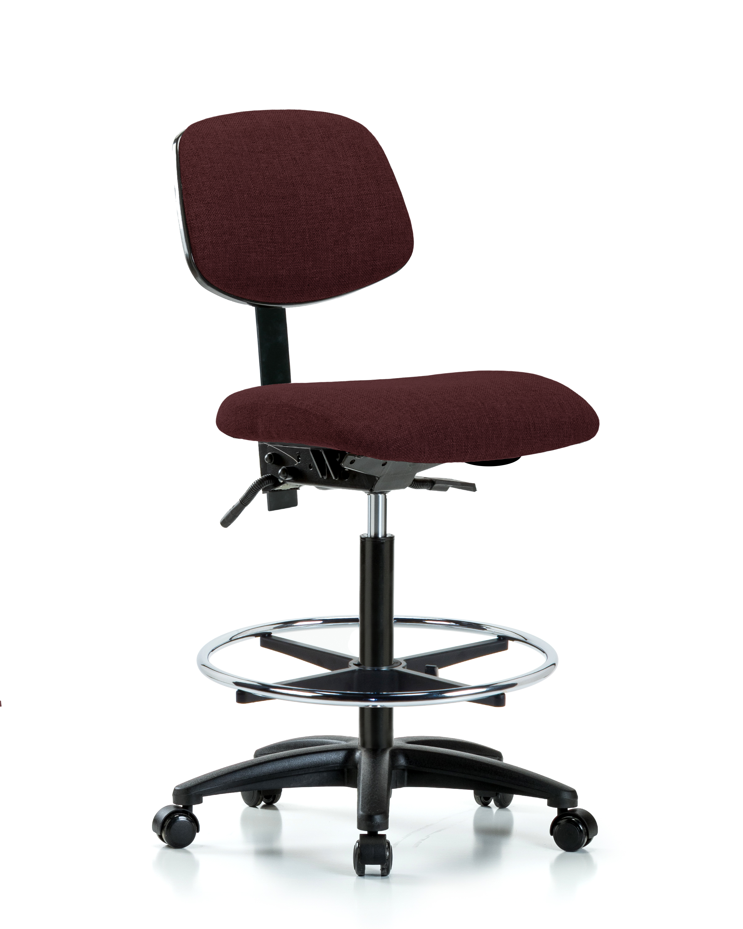 Rutledge Fabric Chair - High Bench Height with Seat Tilt, Chrome Foot Ring, & Casters in Burgundy Fabric