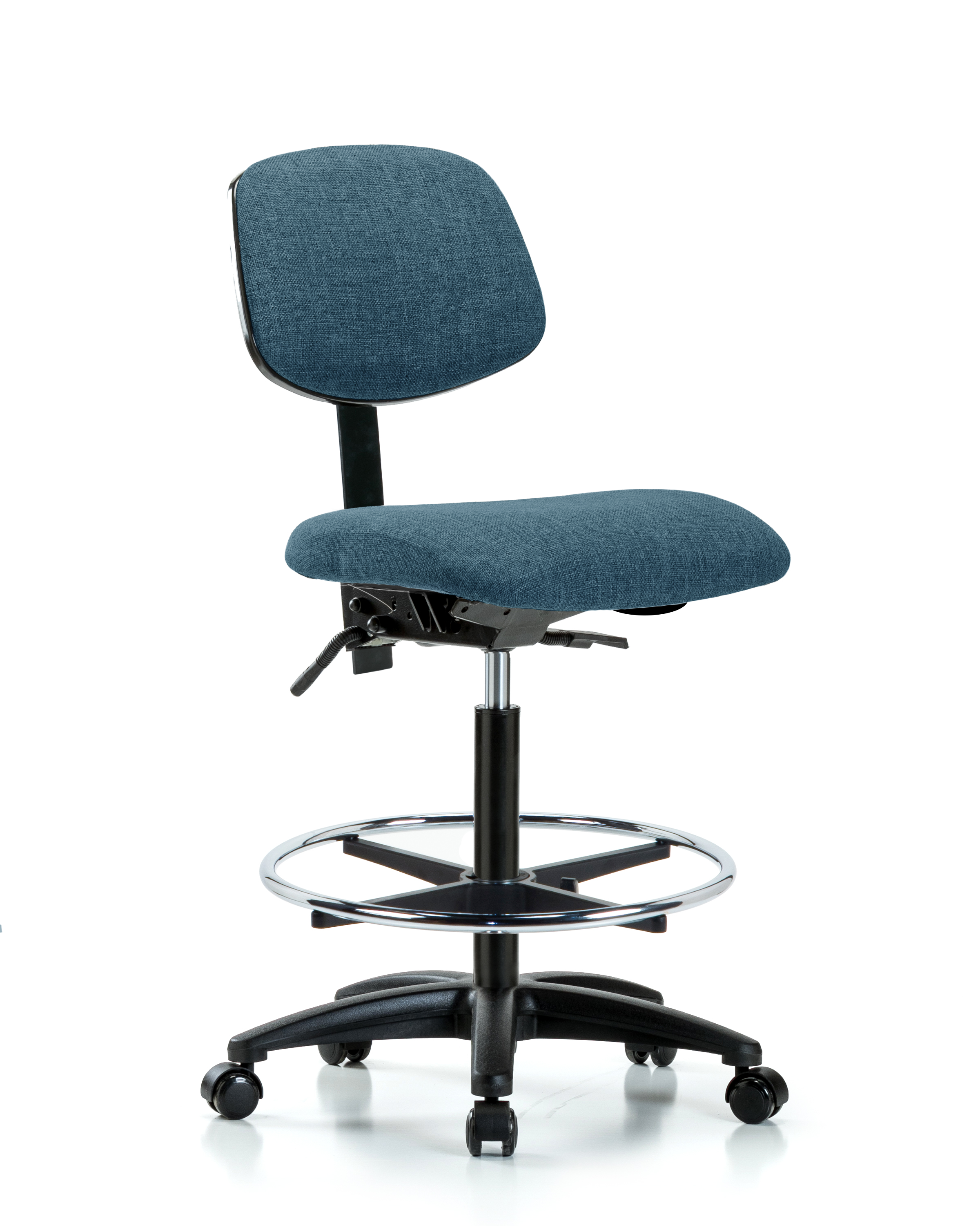 Rutledge Fabric Chair - High Bench Height with Seat Tilt, Chrome Foot Ring, & Casters in Blue Fabric