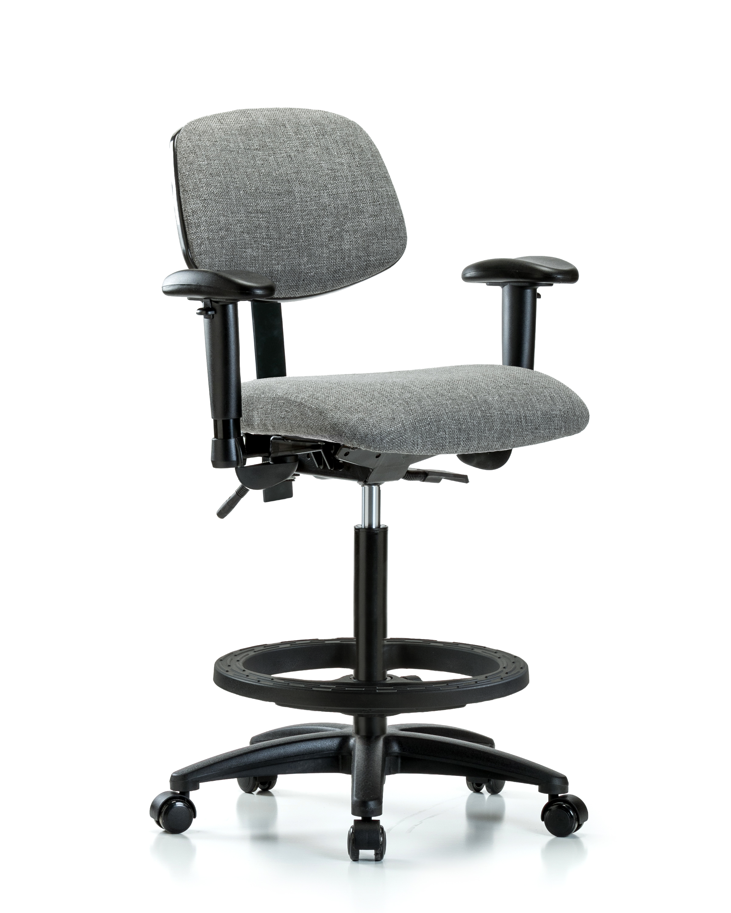 Rutledge Fabric Chair - High Bench Height with Seat Tilt, Adjustable Arms, Black Foot Ring, & Casters in Gray Fabric