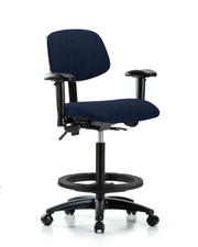 Rutledge Fabric Chair - High Bench Height with Seat Tilt, Adjustable Arms, Black Foot Ring, & Casters in Navy Fabric