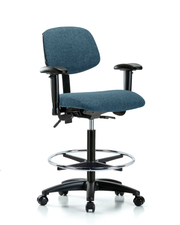 Rutledge Fabric Chair - High Bench Height with Seat Tilt, Adjustable Arms, Chrome Foot Ring, & Casters in Blue Fabric