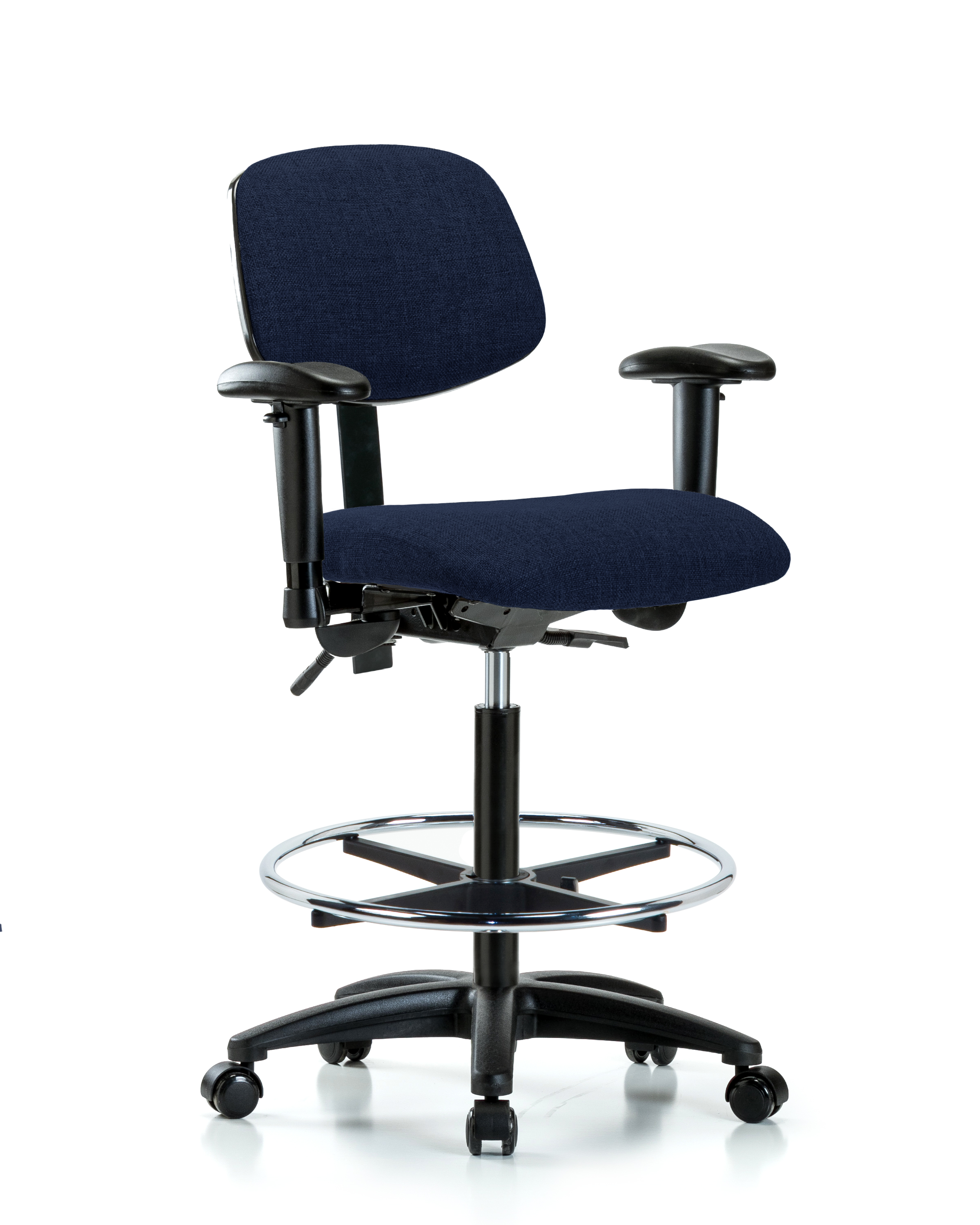 Rutledge Fabric Chair - High Bench Height with Seat Tilt, Adjustable Arms, Chrome Foot Ring, & Casters in Navy Fabric