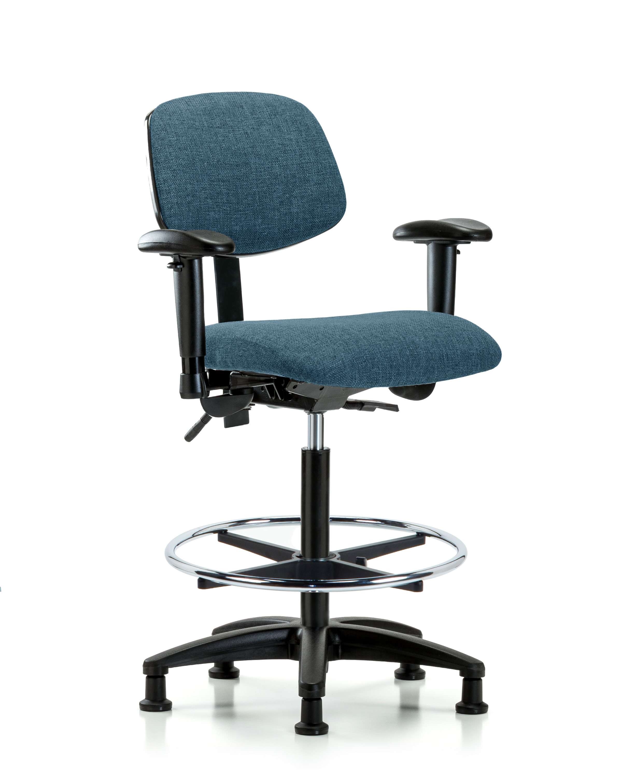 Rutledge Fabric Chair - High Bench Height with Seat Tilt, Adjustable Arms, Chrome Foot Ring, & Stationary Glides in Blue Fabric